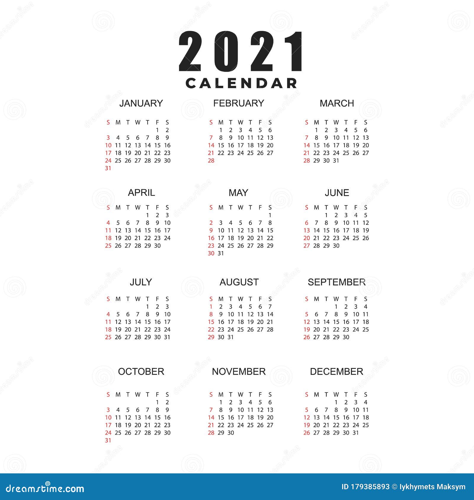 Simple Calendar Layout For 2021 Years. Week Starts From Sunday. Vector  Illustration Eps10 Stock Illustration - Illustration Of Monthly, Layout:  179385893