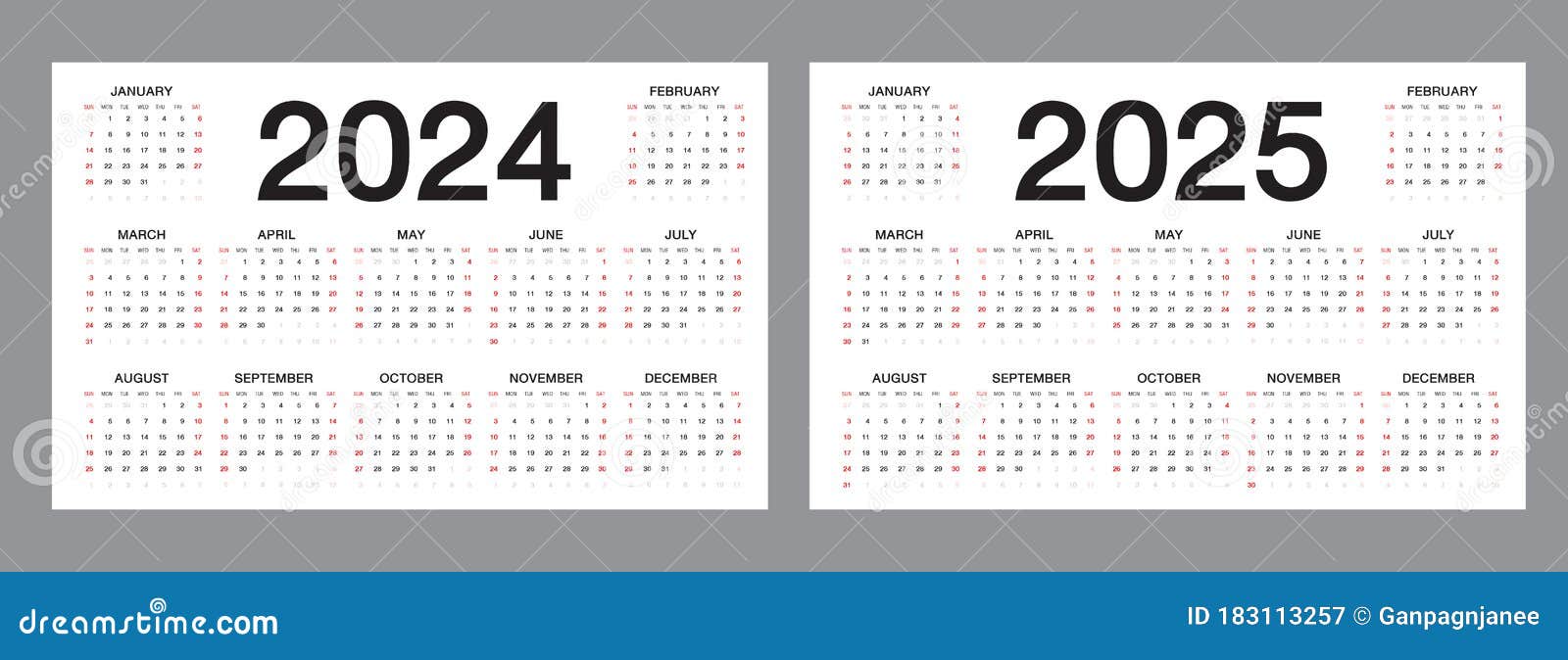 Simple Calendar Layout for 2024, 2025 Years on White Background, Desk