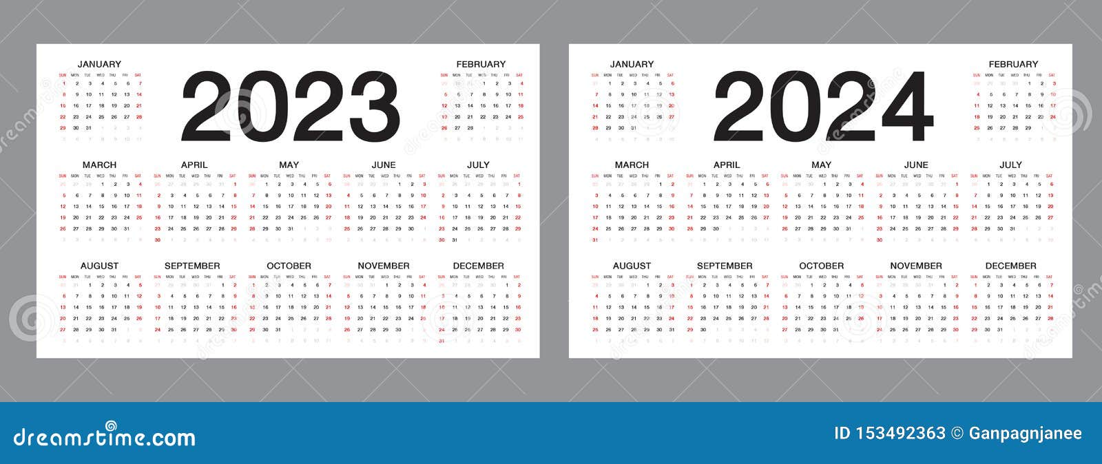 Simple Calendar Layout for 2023 and 2024 Years on White Background ...