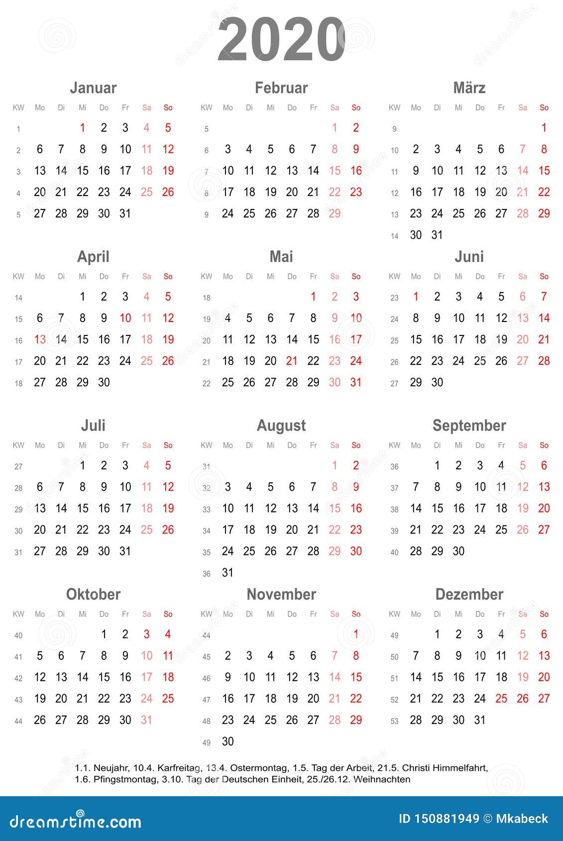 Simple Calendar 2020 With Public Holidays For Germany Stock Vector - Illustration of marked ...