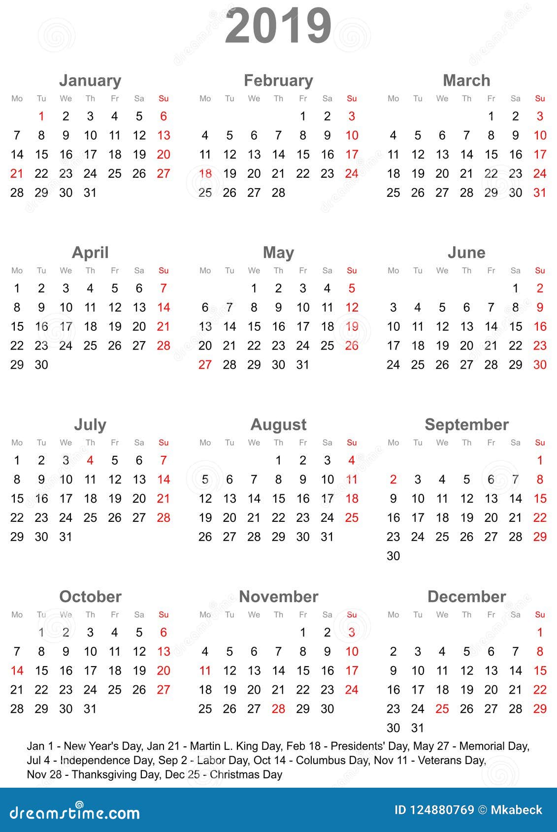 2019 Calendar With Holidays Usa - FREE DOWNLOAD