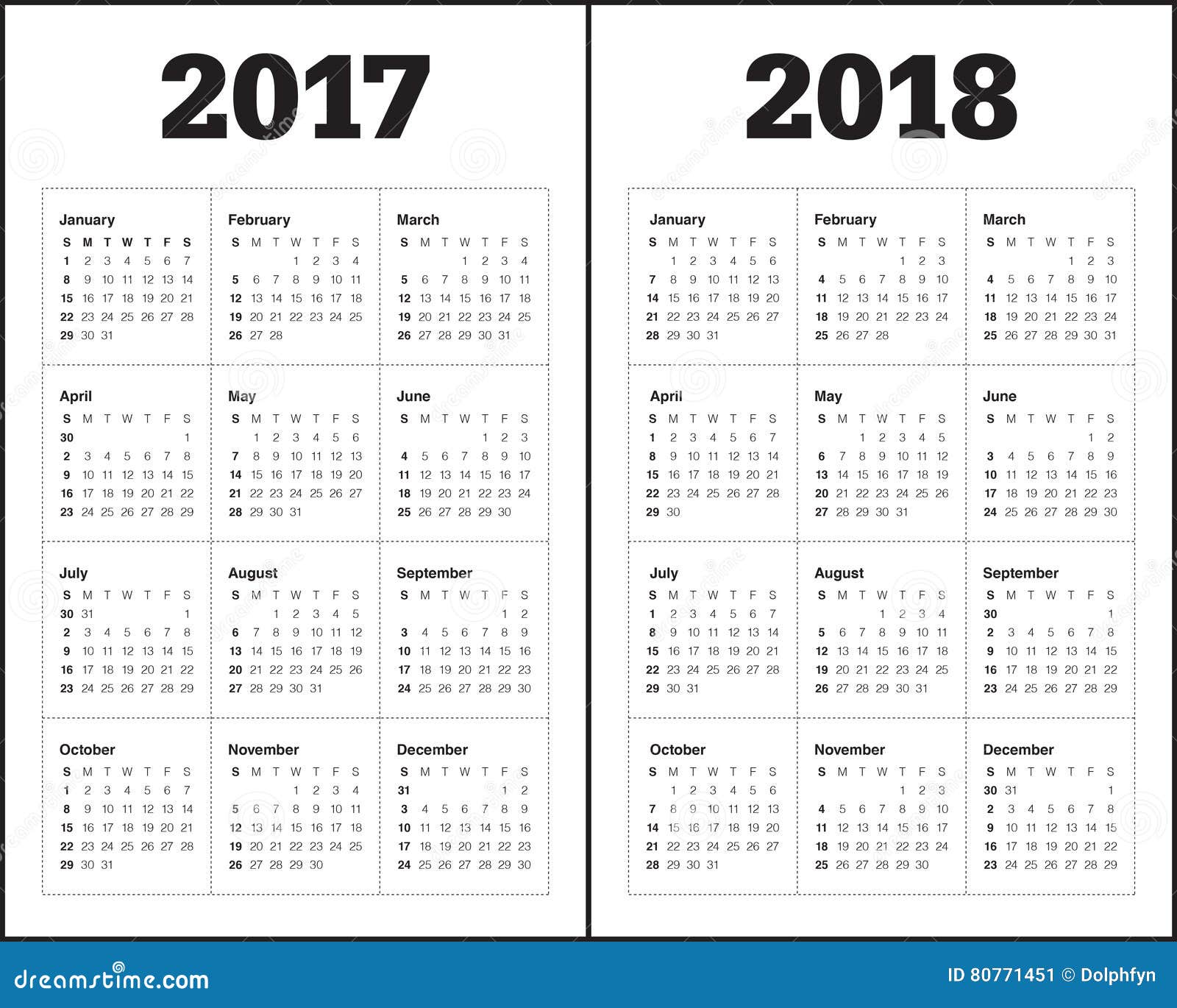 Simple Calendar Template For 2017 And 2018 Stock Vector Illustration