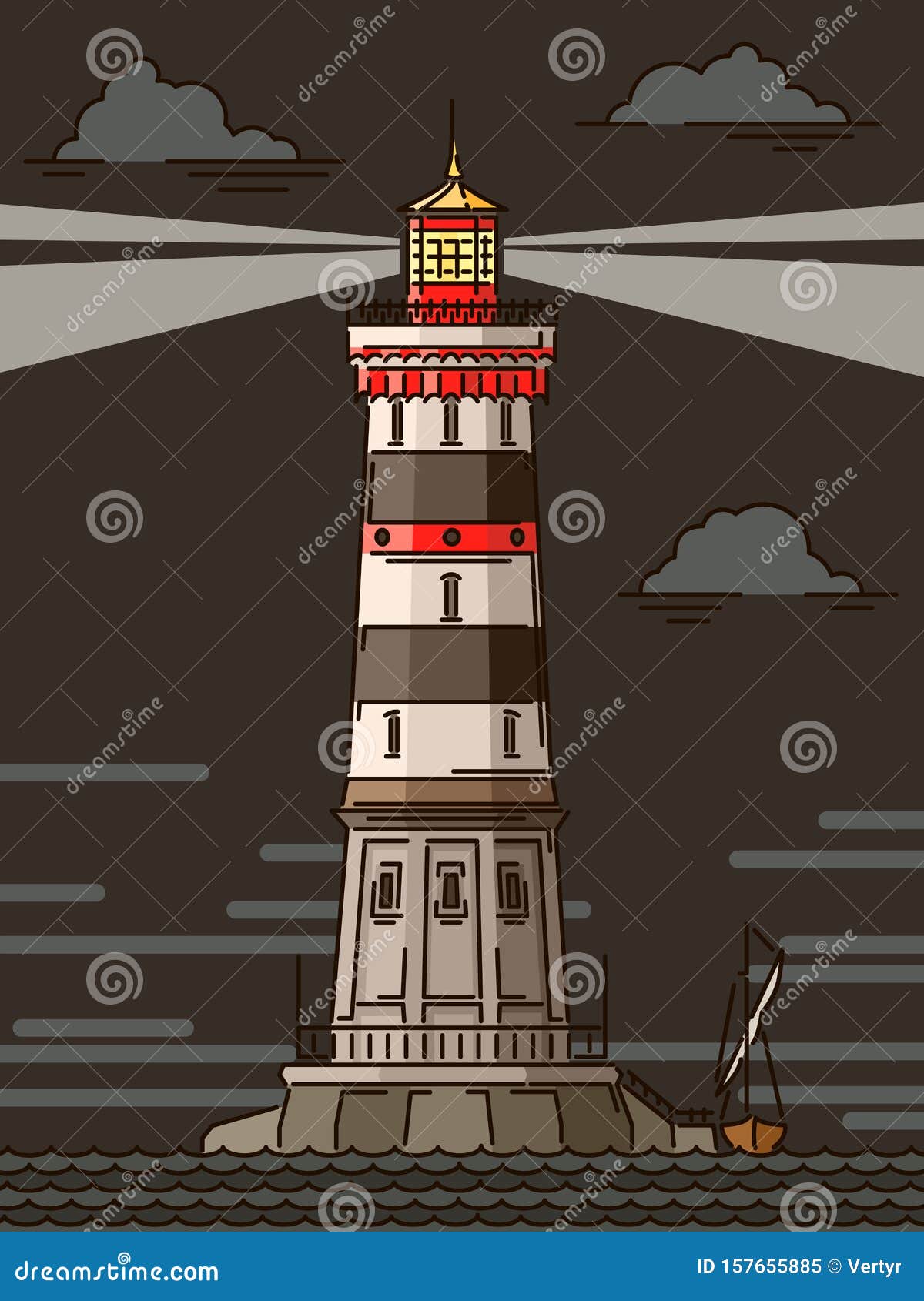 Simple Cartoon Illustrations of Lighthouse at Night. Stock Vector -  Illustration of searchlight, night: 157655885