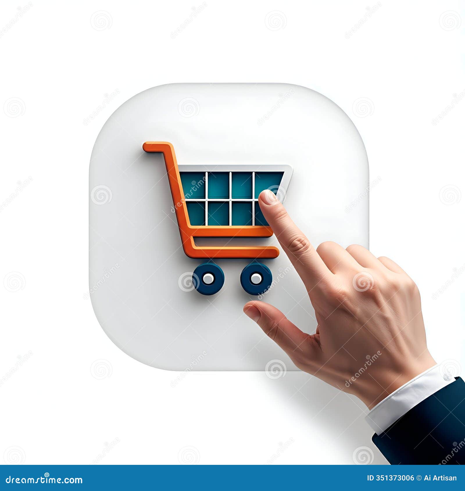 ai generated: hand pointing to shopping cart icon on white background