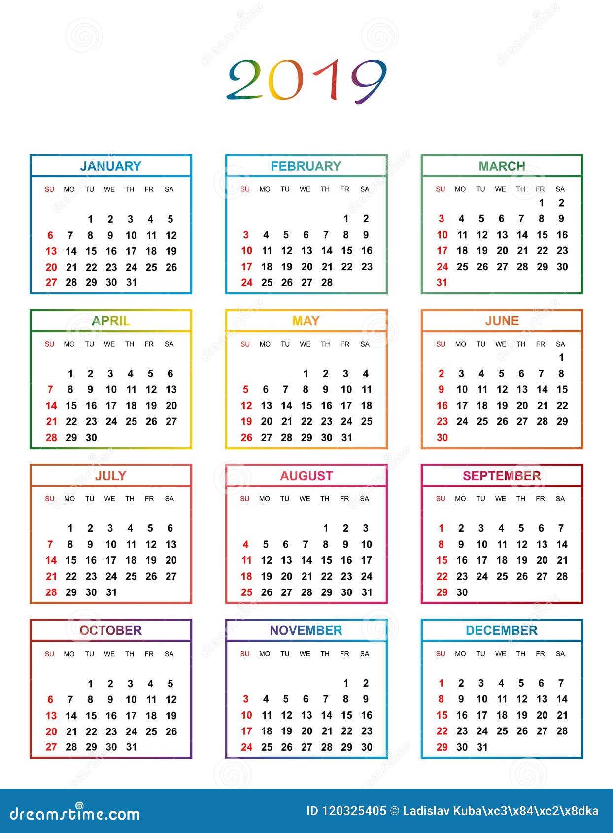 Simple Color Calendar for the Year 2019 with Name of Day, Months in a