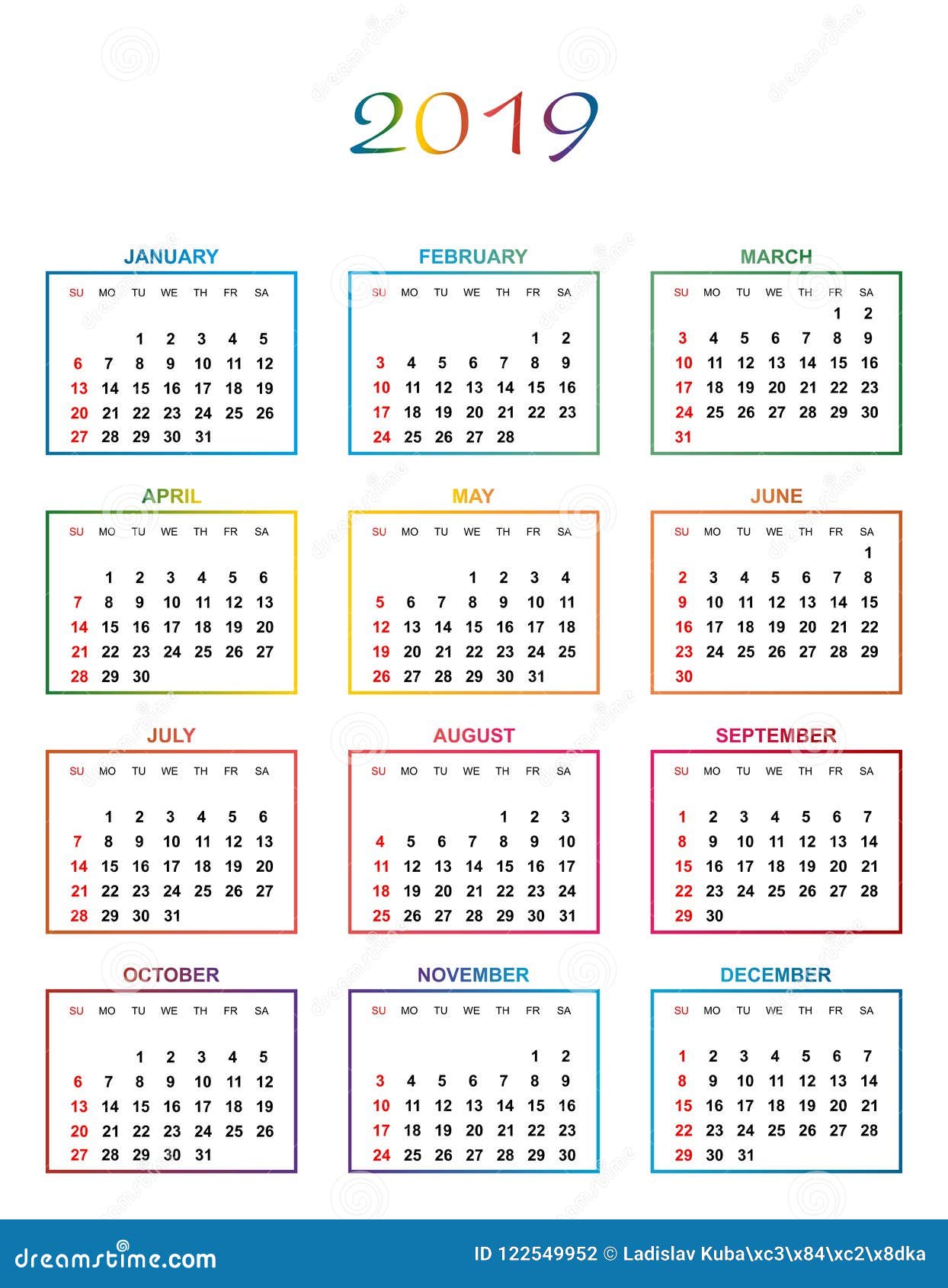 Simple Color Calendar for the Year 2019. the Names of Days and Months ...