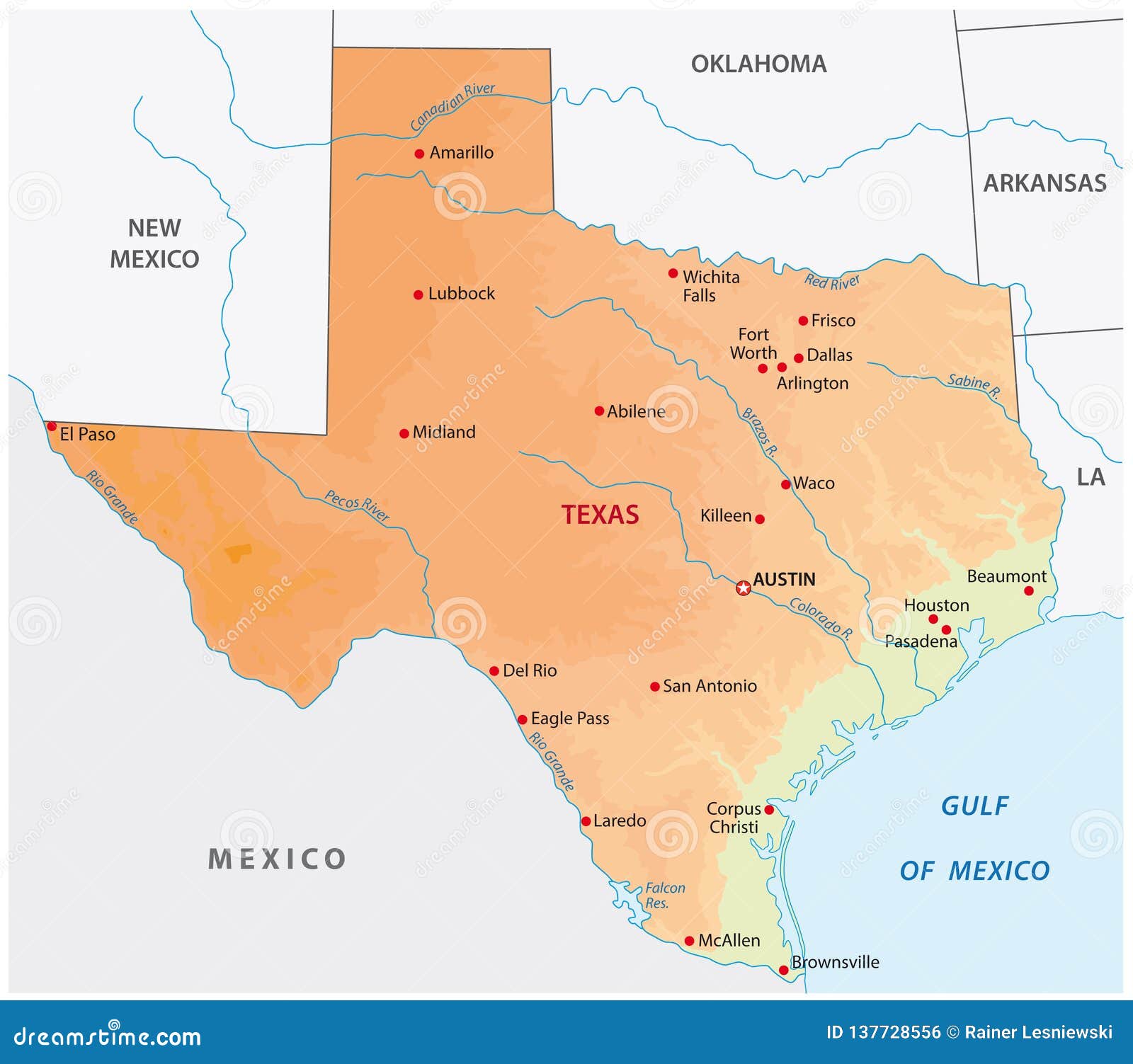 Simple Colored Texas State Physical Vector Map Stock Illustration