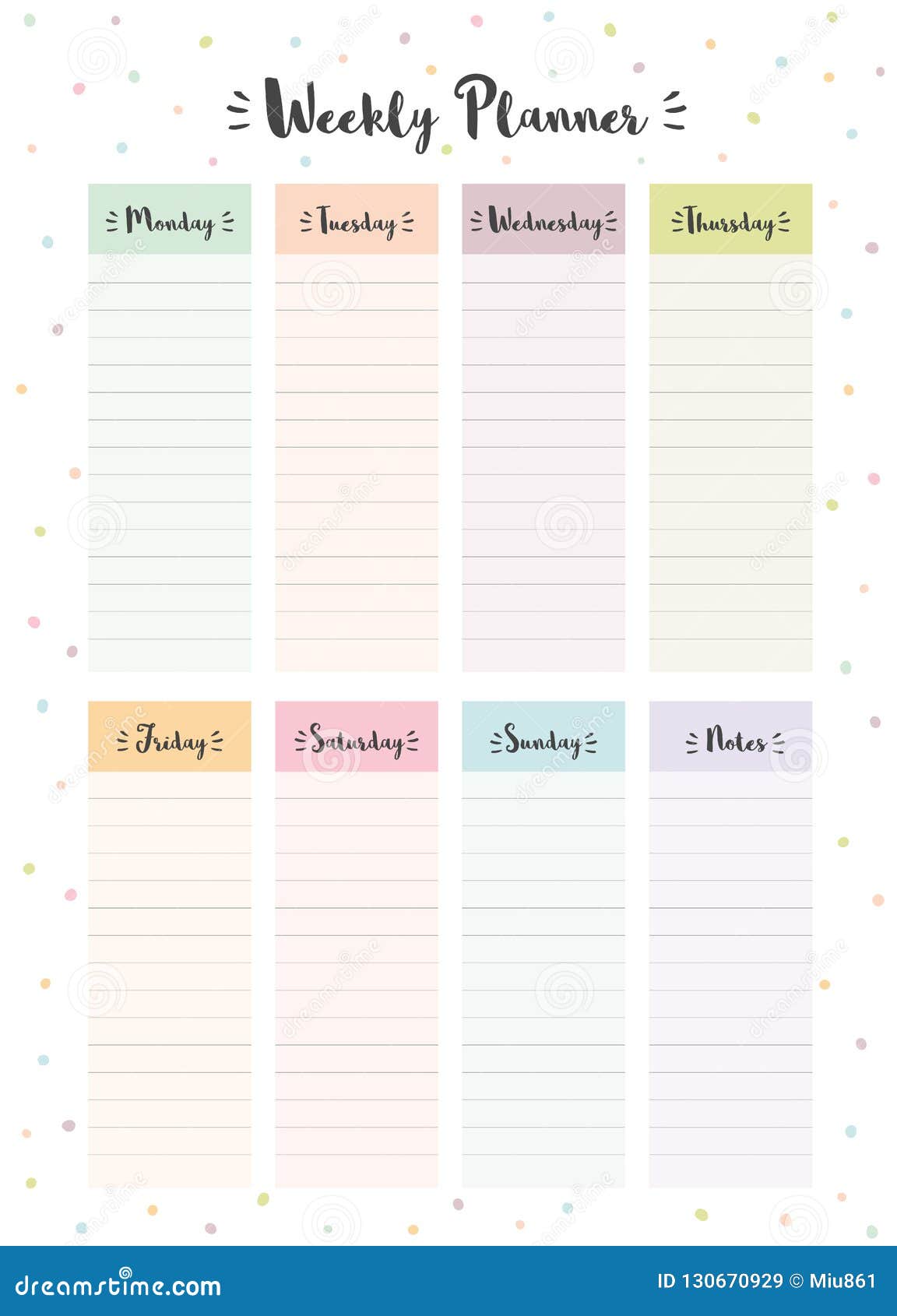 Simple Colorful Weekly Planner. Printable Vector Schedule. Stock Vector