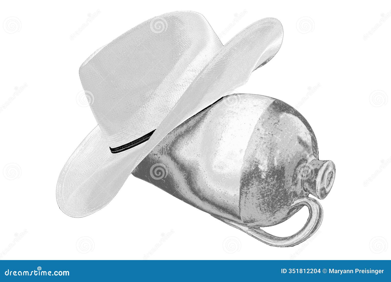 simple  western hat with empty jug shows contrast & texture black & white with curves.