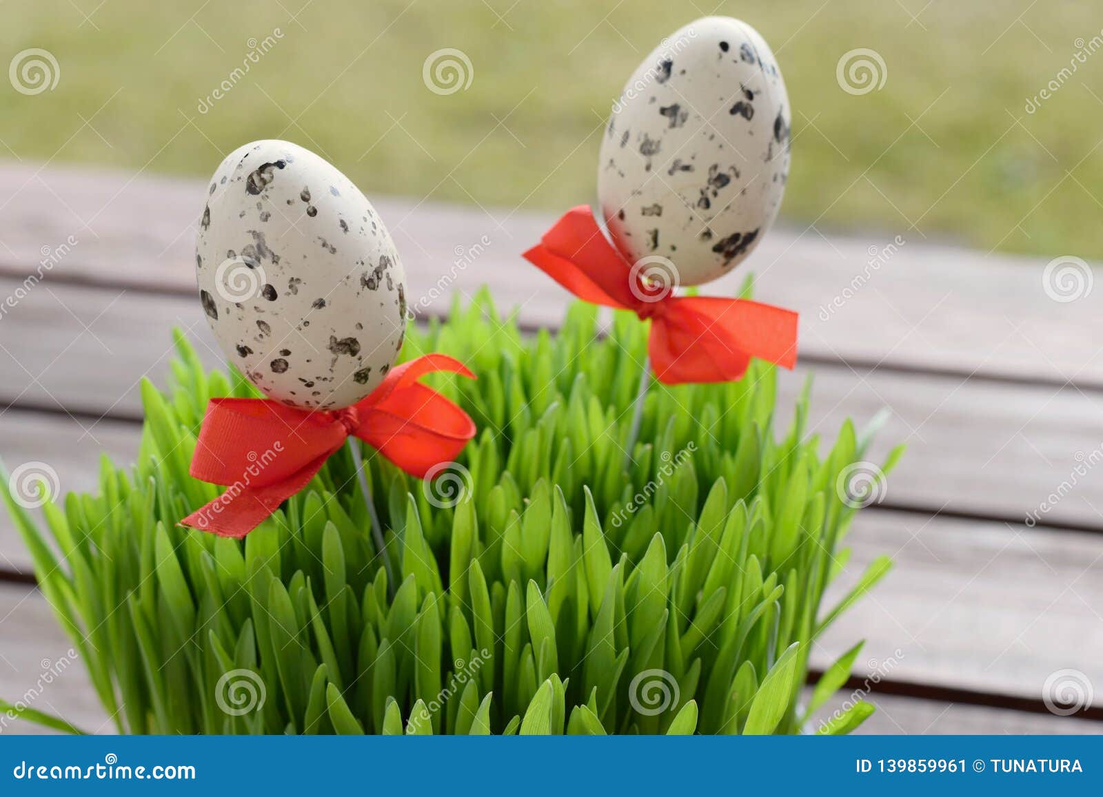 Simple Easter Decoration With Mottled Eggs And Wheat Grass Stock Image