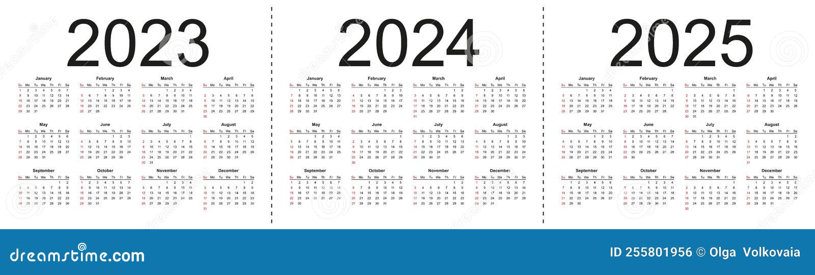 Simple Editable Vector Calendars for Year 2023 2024 2025. Week Starts
