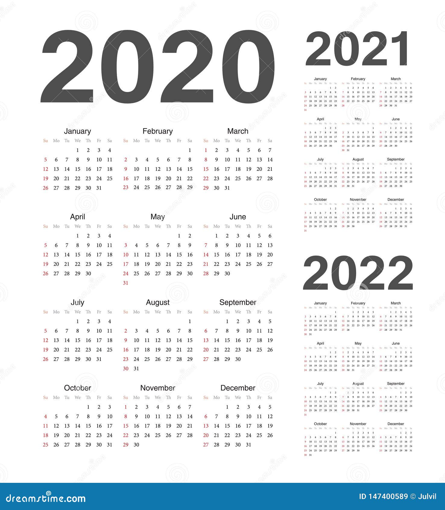 Simple European 2020 2021 2022 Year Vector Calendars Stock Vector Illustration Of Vector Background 147400589