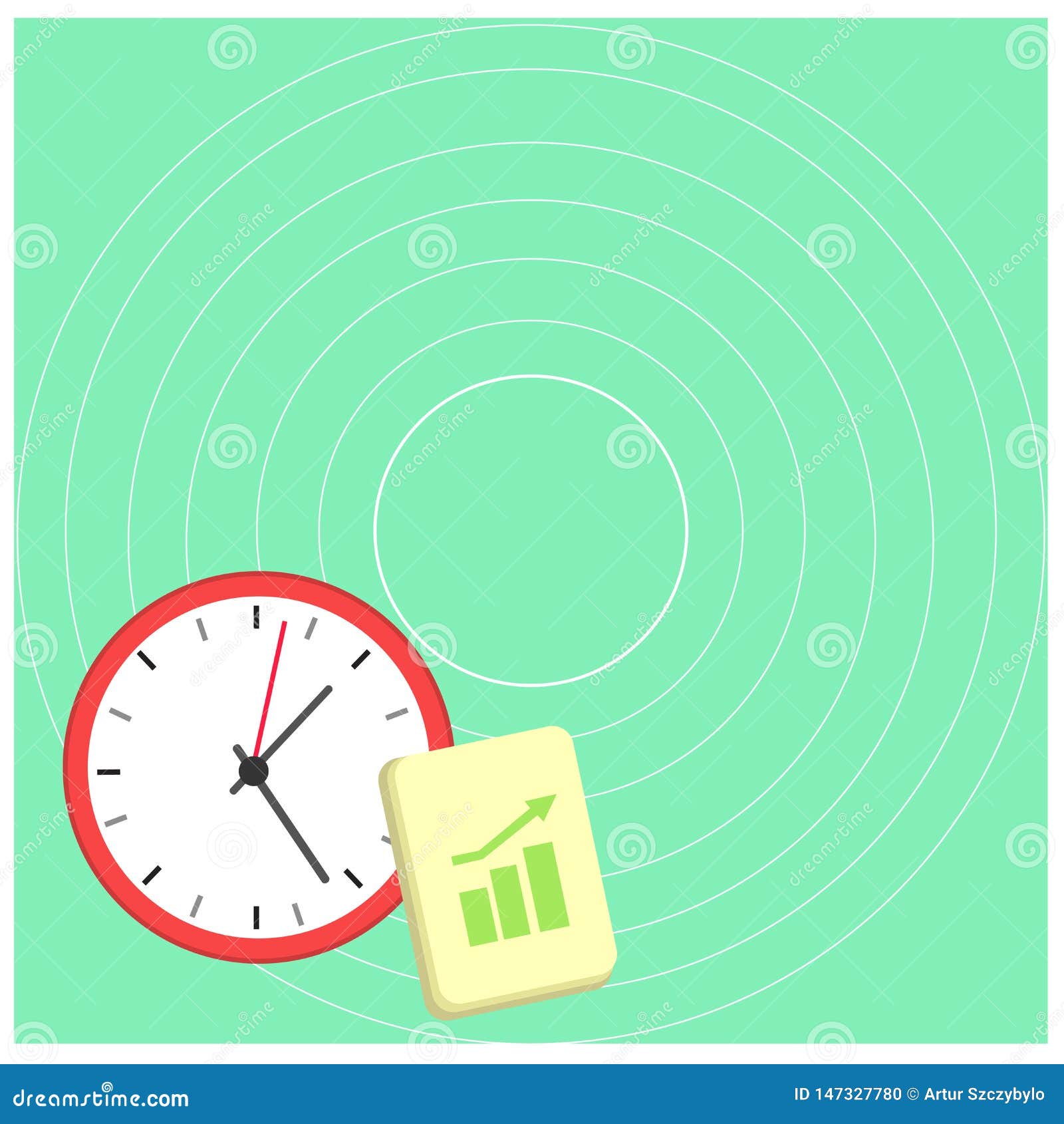 simple flat photo layout of wall clock and notepad with bar chart photo with arrow moving pointing up for business