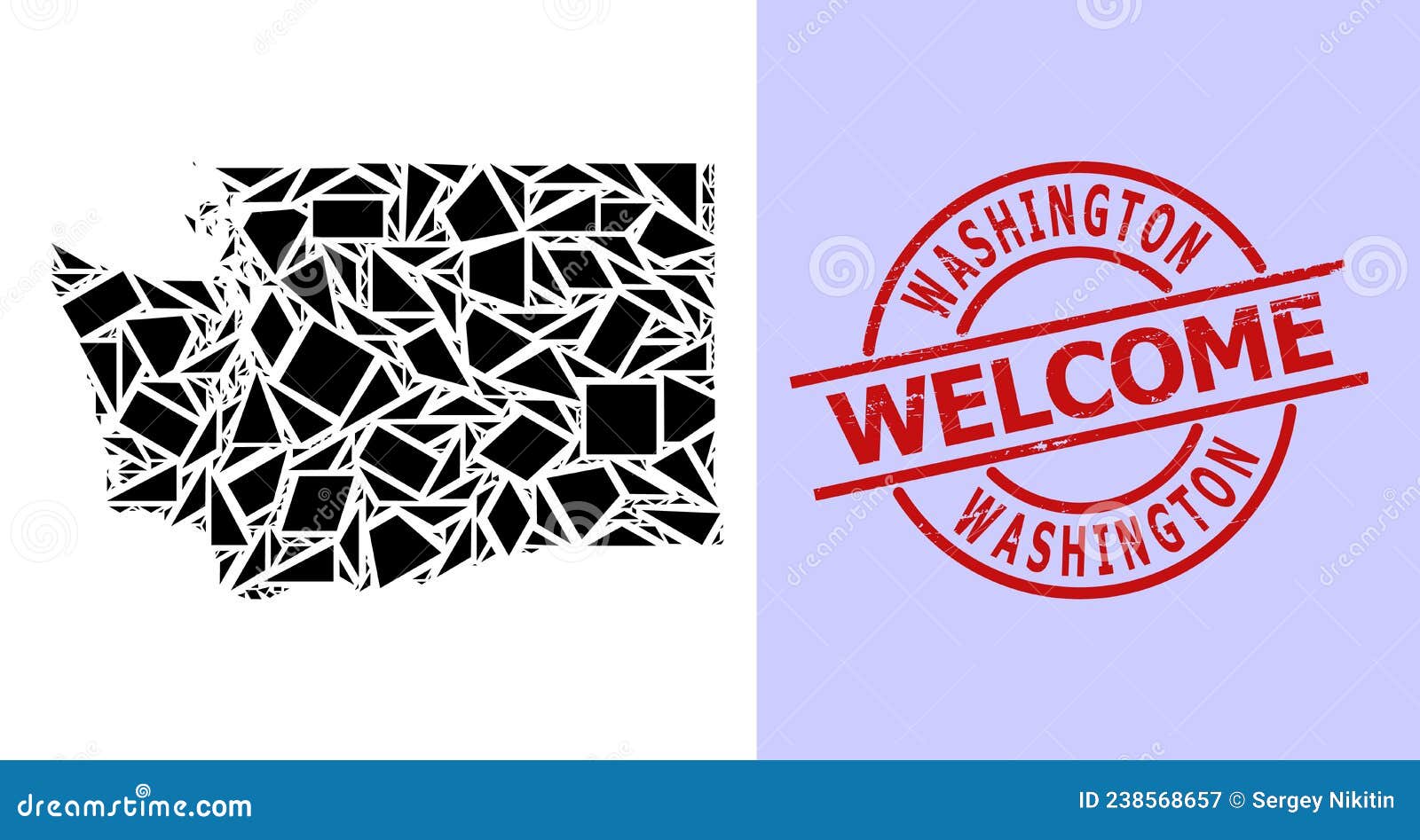 Simple Geometric Mosaic Map of Washington State with Round Textured Welcome Stamp Imitation 