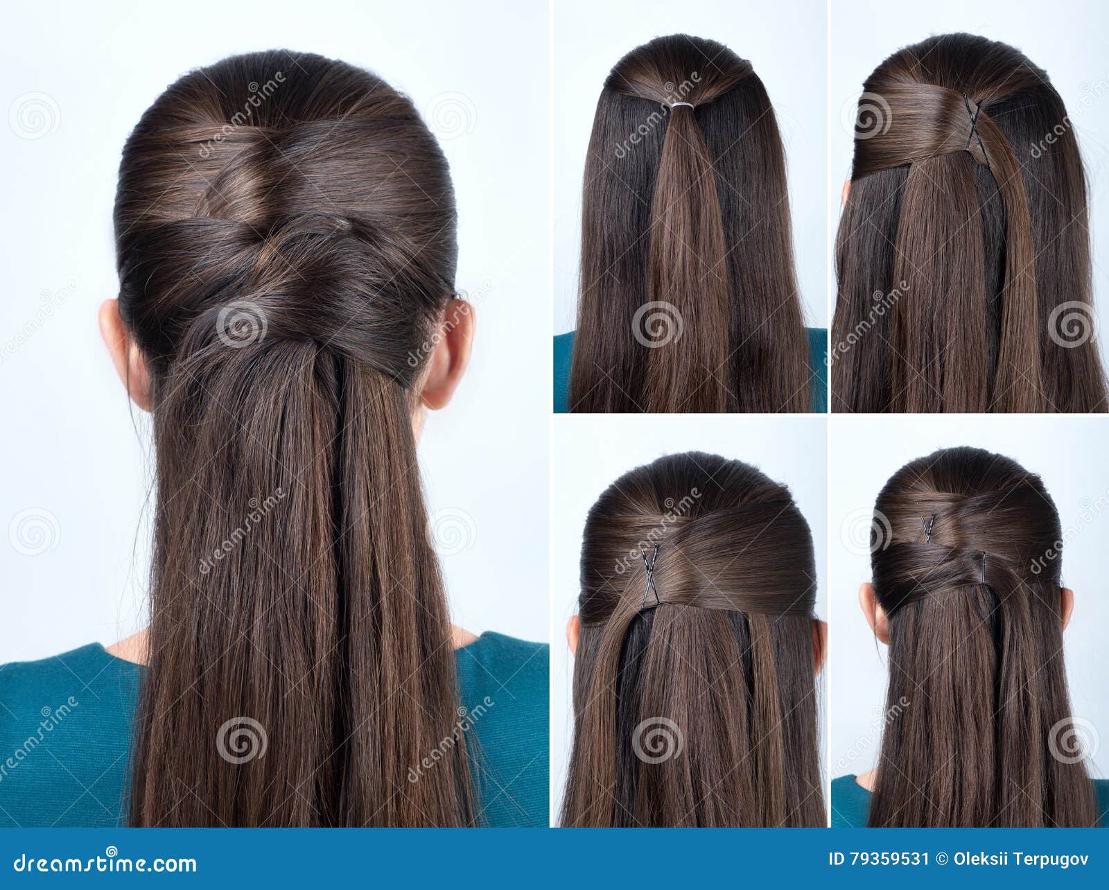 simple elegant hairstyle tutorial.Updo for long and medium hair.Woman  brunette with evening hairstyle bun Stock Photo - Alamy