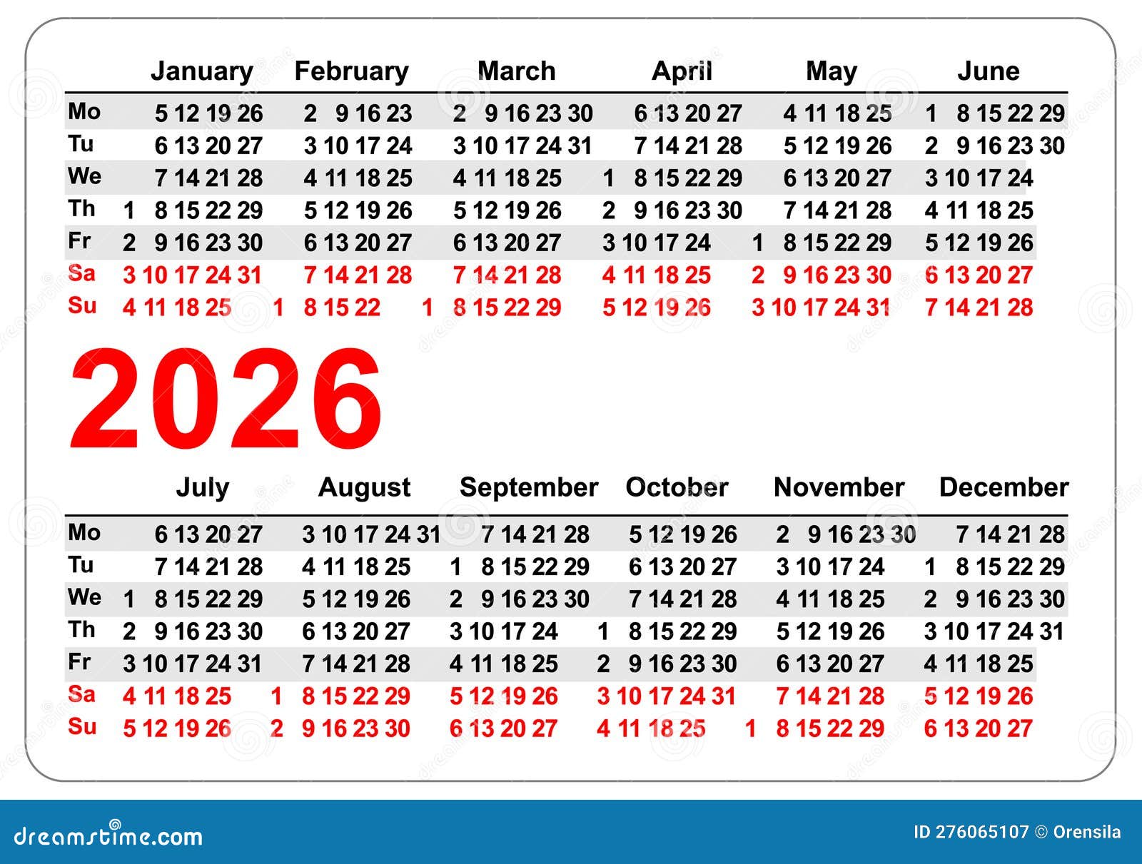 2026 Simple Horizontal Pocket Calendar Grid Template Isolated on White ...