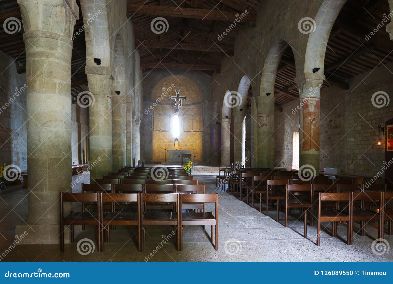 Interior Of Ancient Romanesque Church In Tuscany Stock Photo