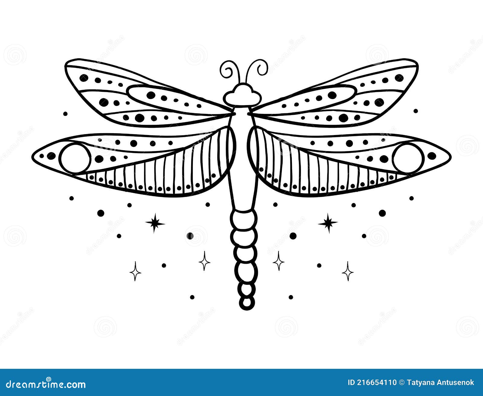 Simple Linear Hand Drawing Dragonfly. Insect with Wings, Boho Tattoo