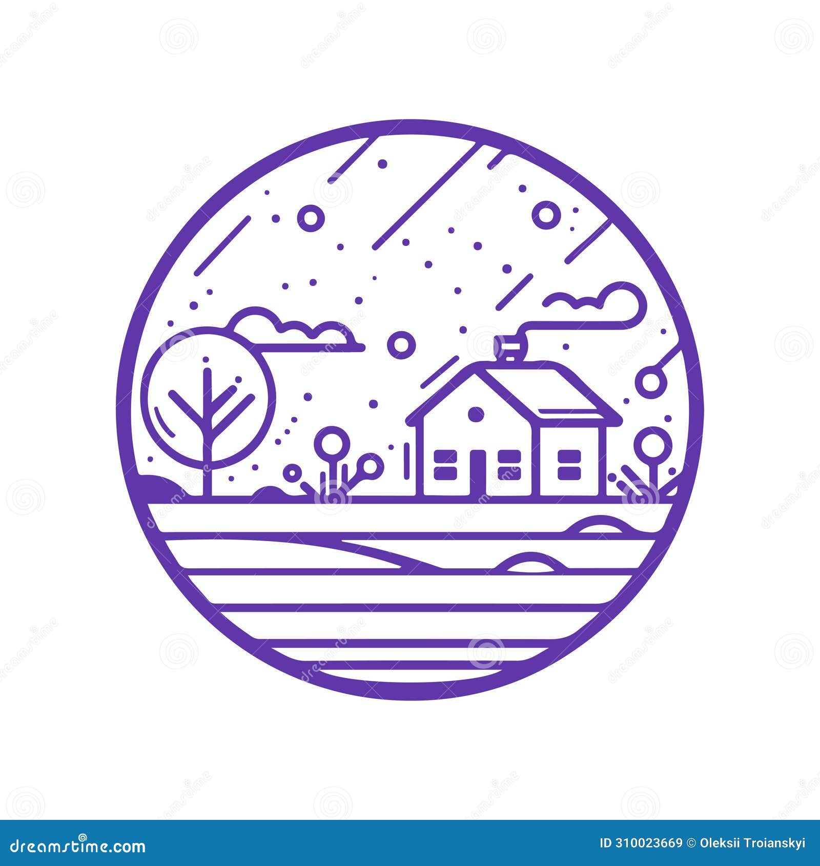 Simple Linear Landscape with Rain and House in Circular Frame Stock Vector Illustration of
