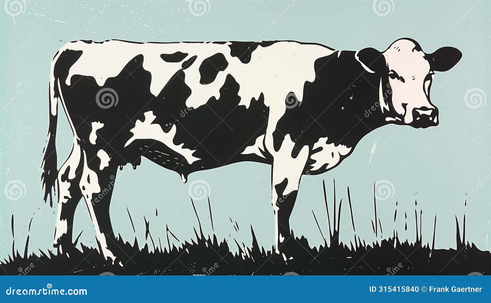 simple linocut-style  of a cow in black and white, contrasted with a gentle blue backdrop