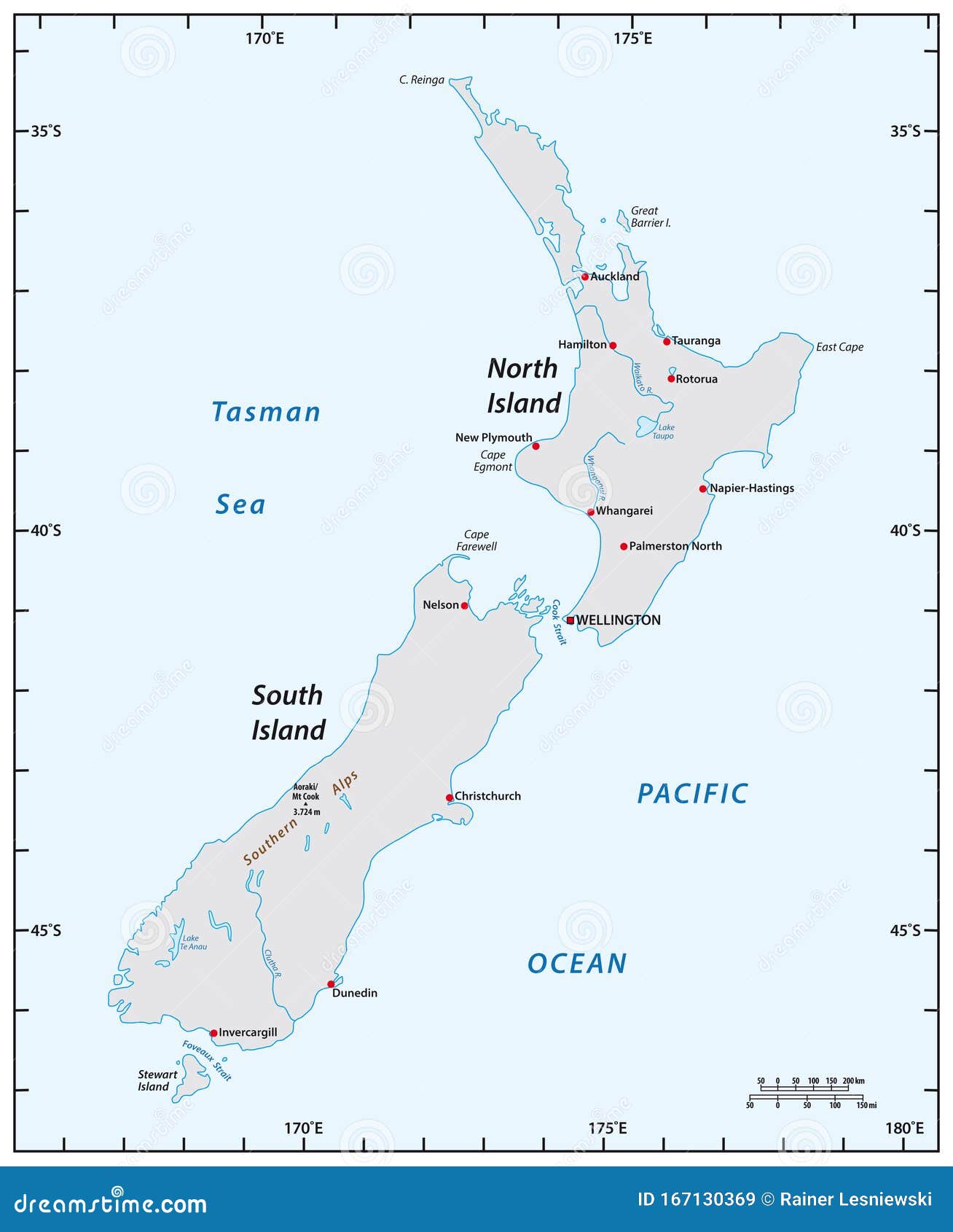 Simple Map of New Zealand with Degrees of Longitude and Latitude Stock Vector Illustration of