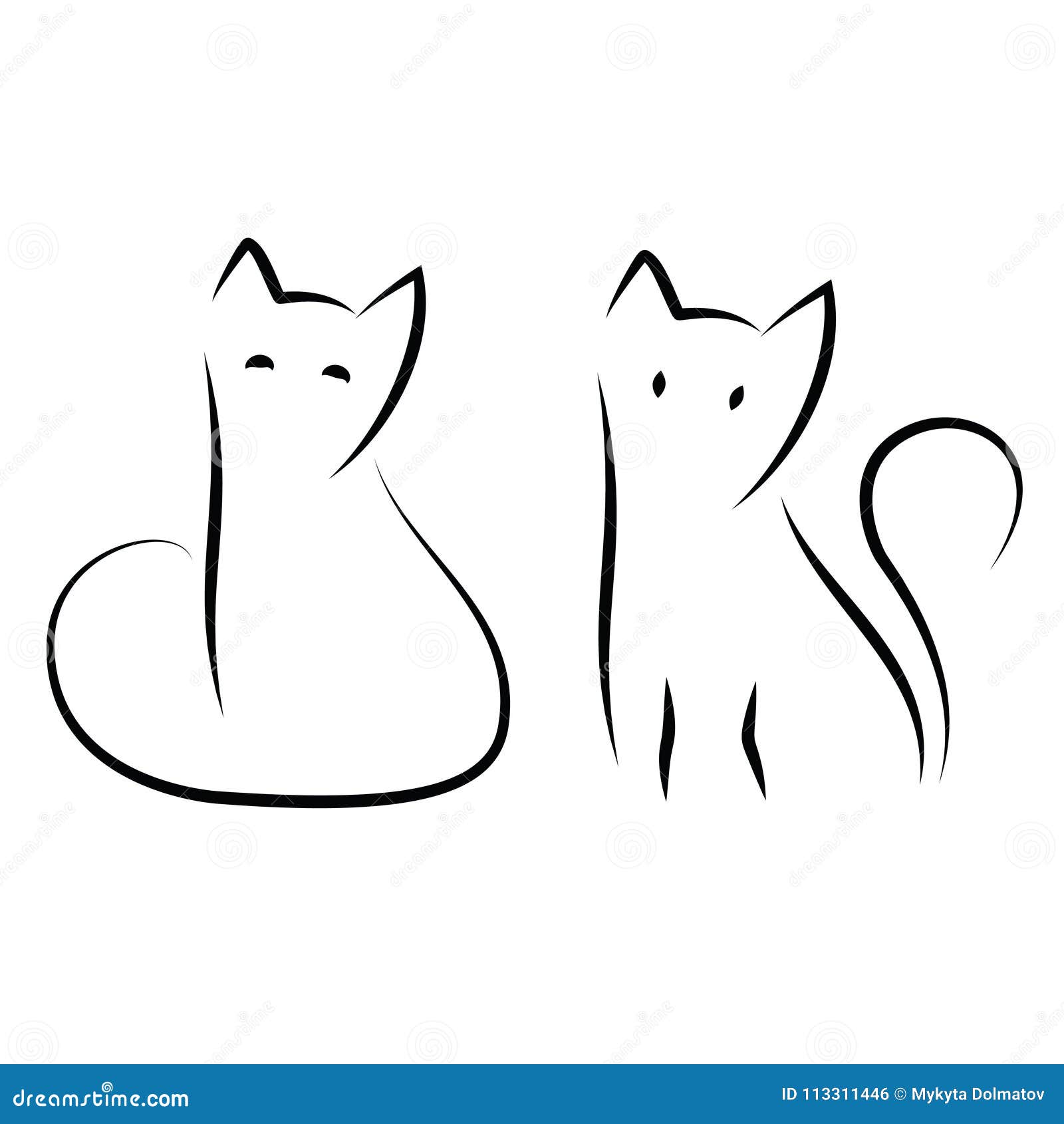 two happy cats silhouettes. Simple ink drawing sitting cats cute