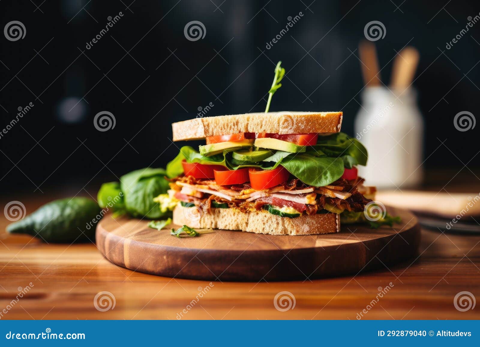 A Simple, Minimalist Clubhouse Sandwich on a Circular Wooden Board ...
