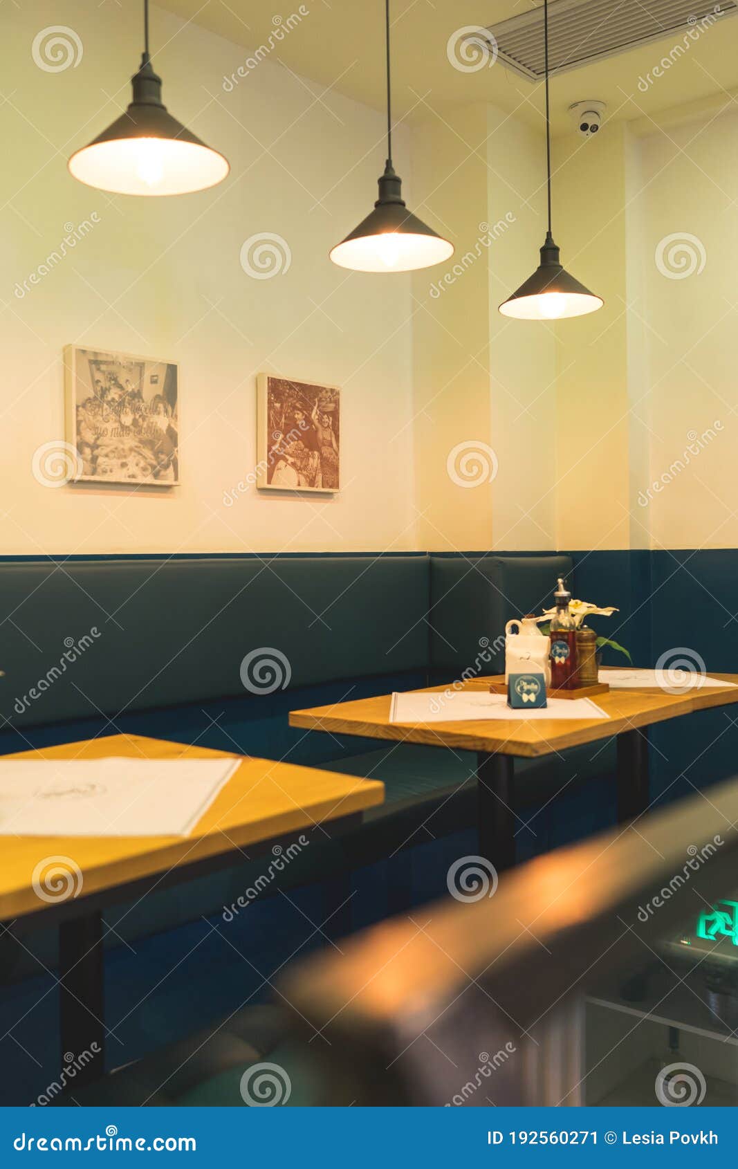 Simple Modern Design of Italian Restaurant, Green and Yellow Interior Decor  with Wooden Furniture Editorial Photo - Image of estate, empty: 192560271
