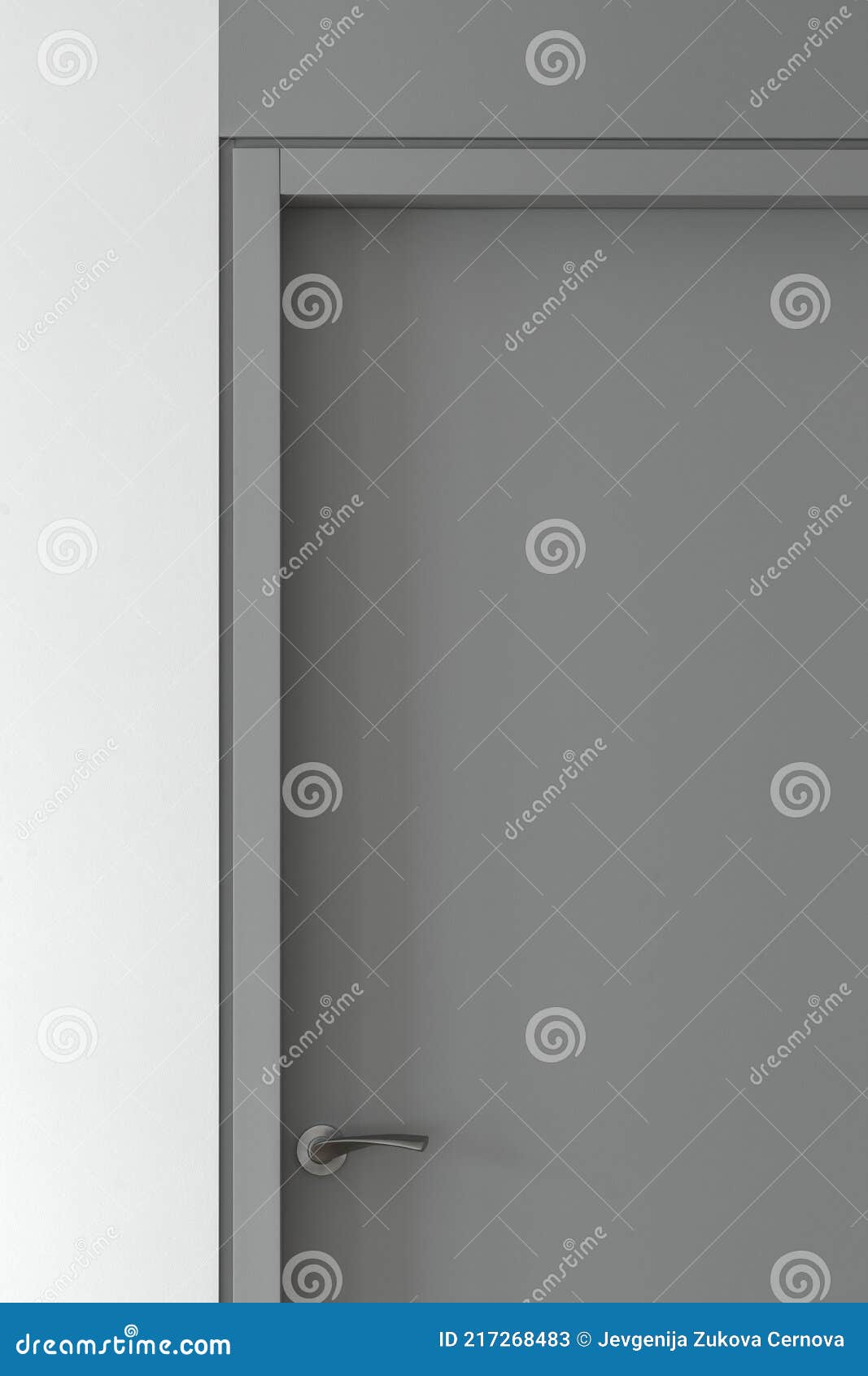 Simple Modern Grey Closed Door with Frame and Grey Door Handle on Grey