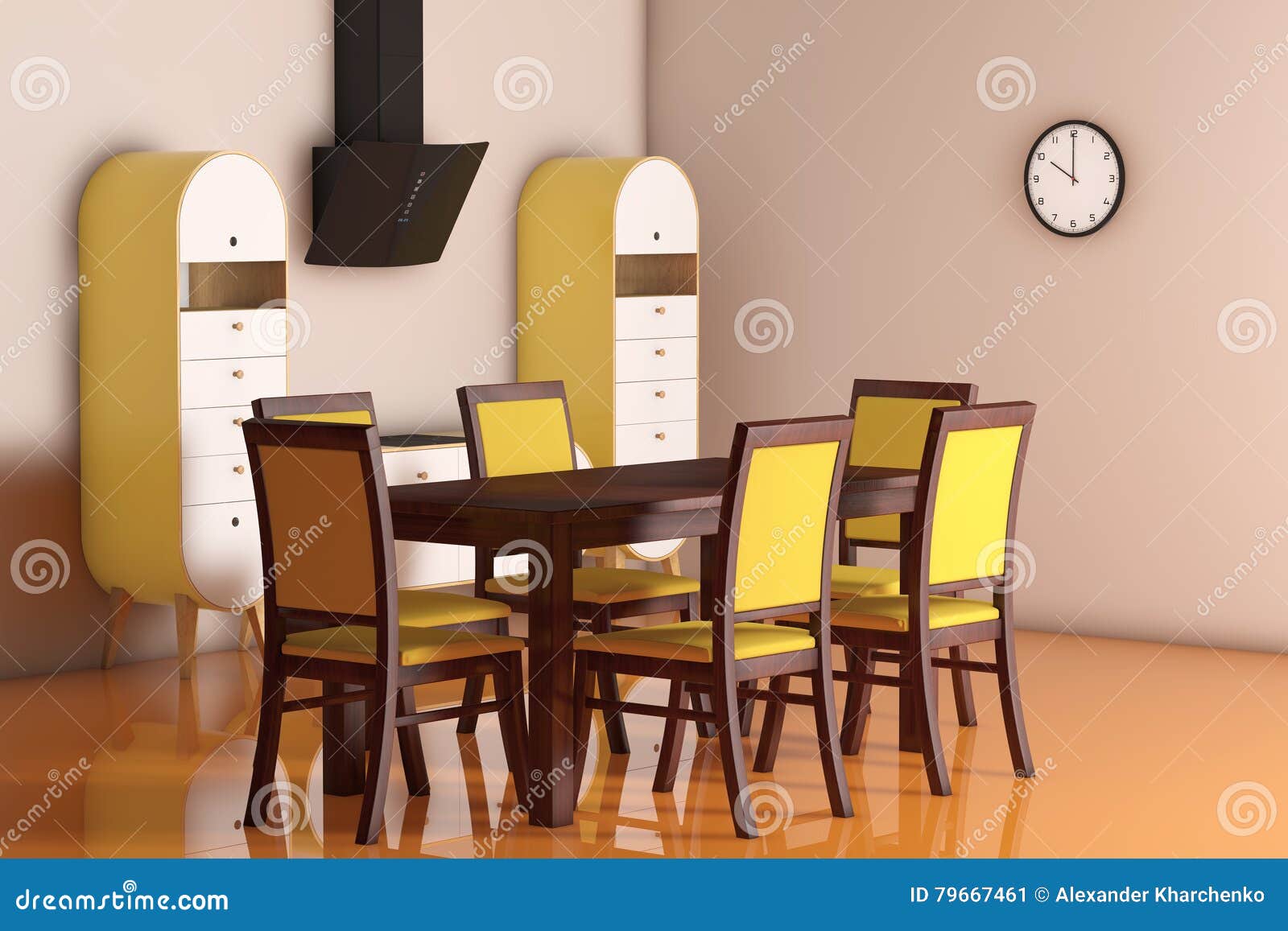 Simple Modern Olive Green Kitchen with Table and Chairs. 3d Re Stock