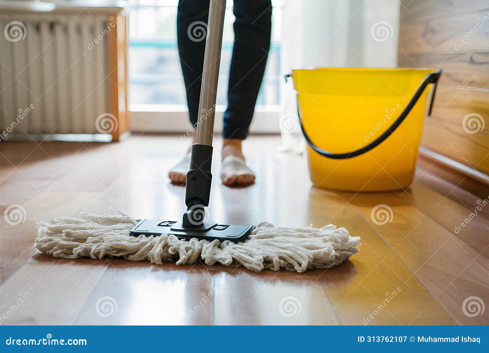 simple mop on laminate floor with water bucket in background