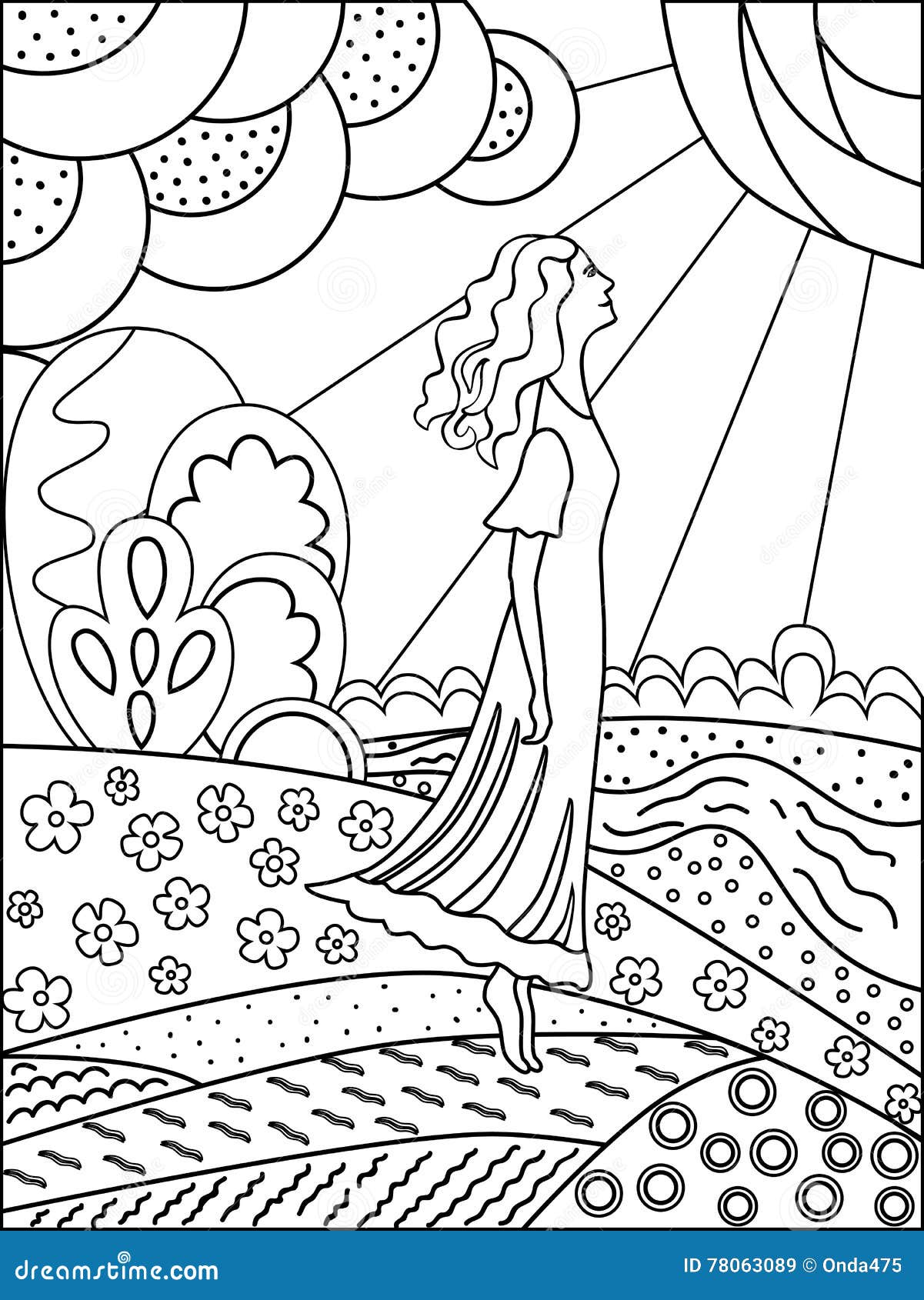 Simple Outline Drawing for Coloring. Woman and Nature. Stock Vector
