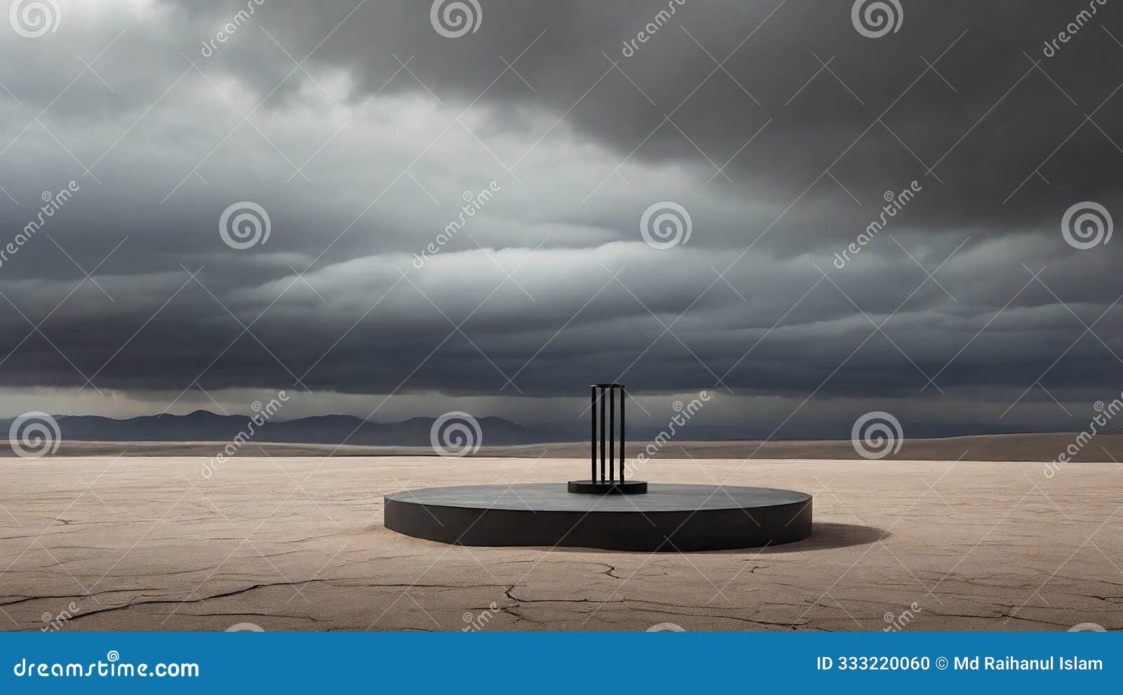 a simple podium stands in foreground, set against the backdrop of a dim desert landscape.