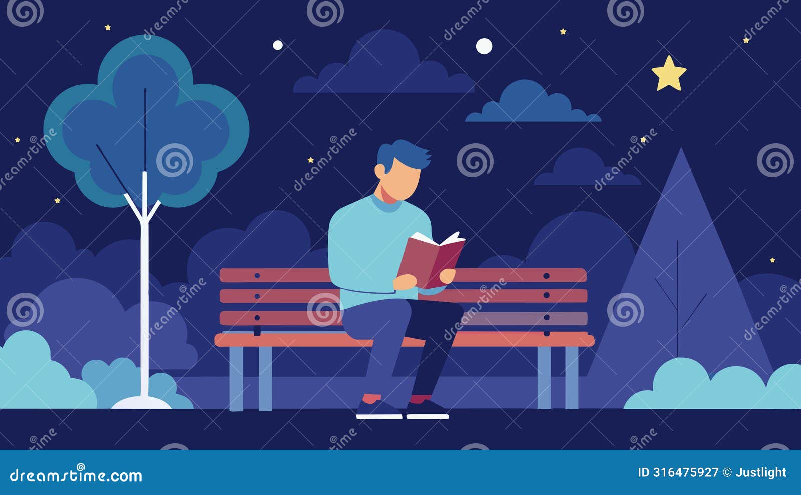 a simple yet poignant portrayal of a lone poet sitting on a park bench under a starry sky reading a poem that reflects