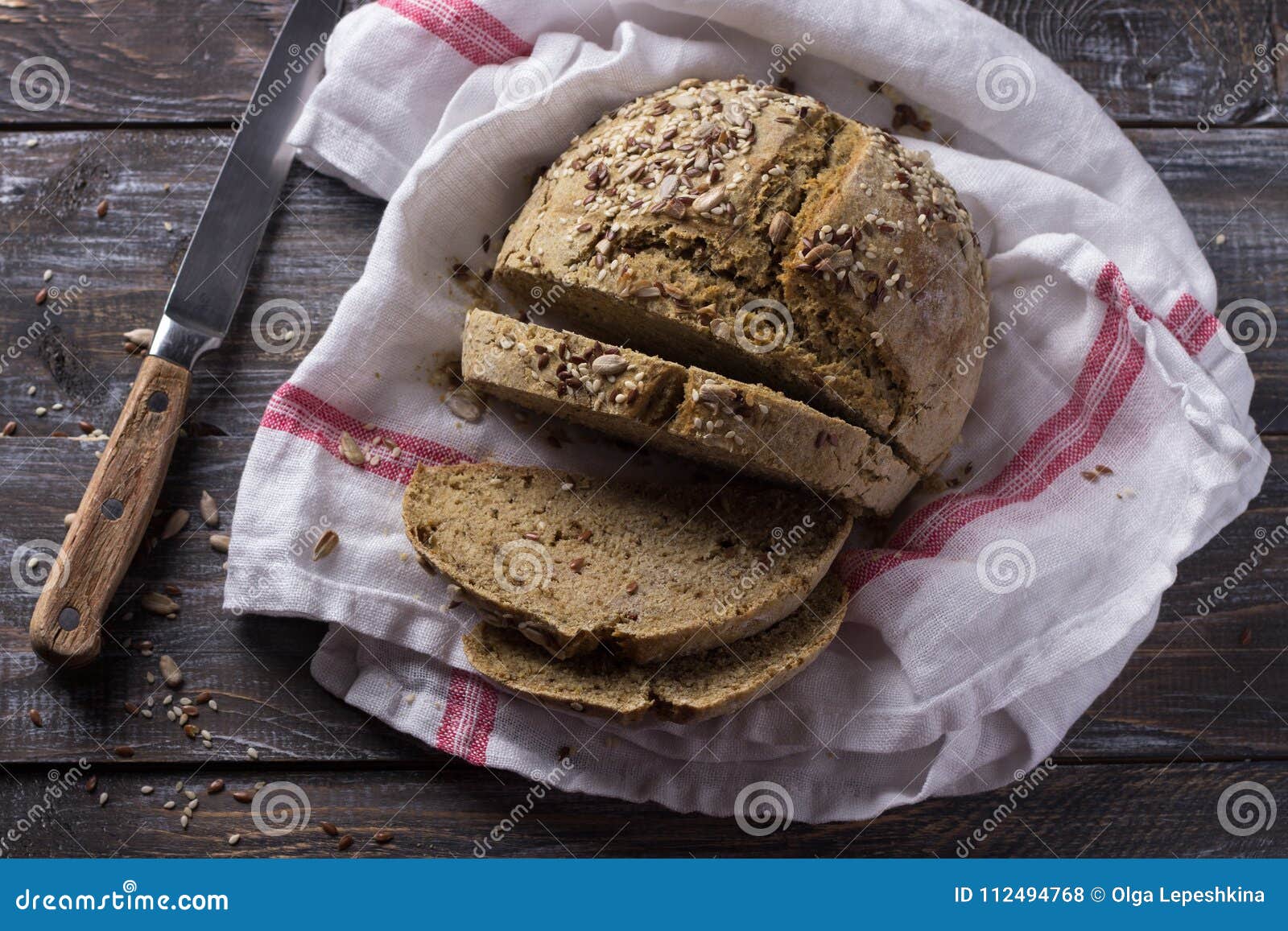 Simple Rustic Rye Oat Bread without Yeast with Seeds Stock Photo