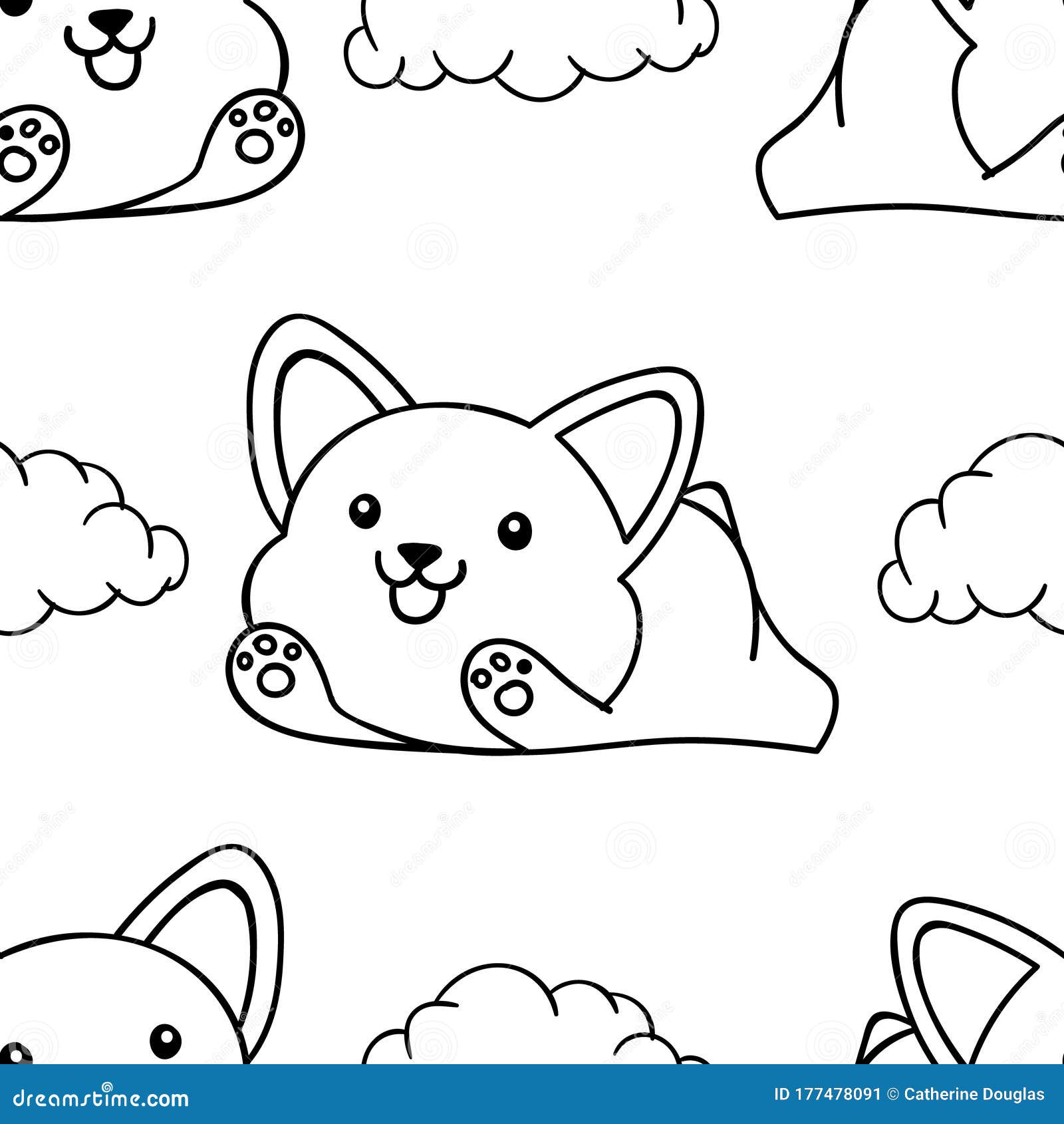 Download Simple Seamless Pattern, Black And White Cute Kawaii Hand Drawn Dog Doodles, Coloring Pages ...
