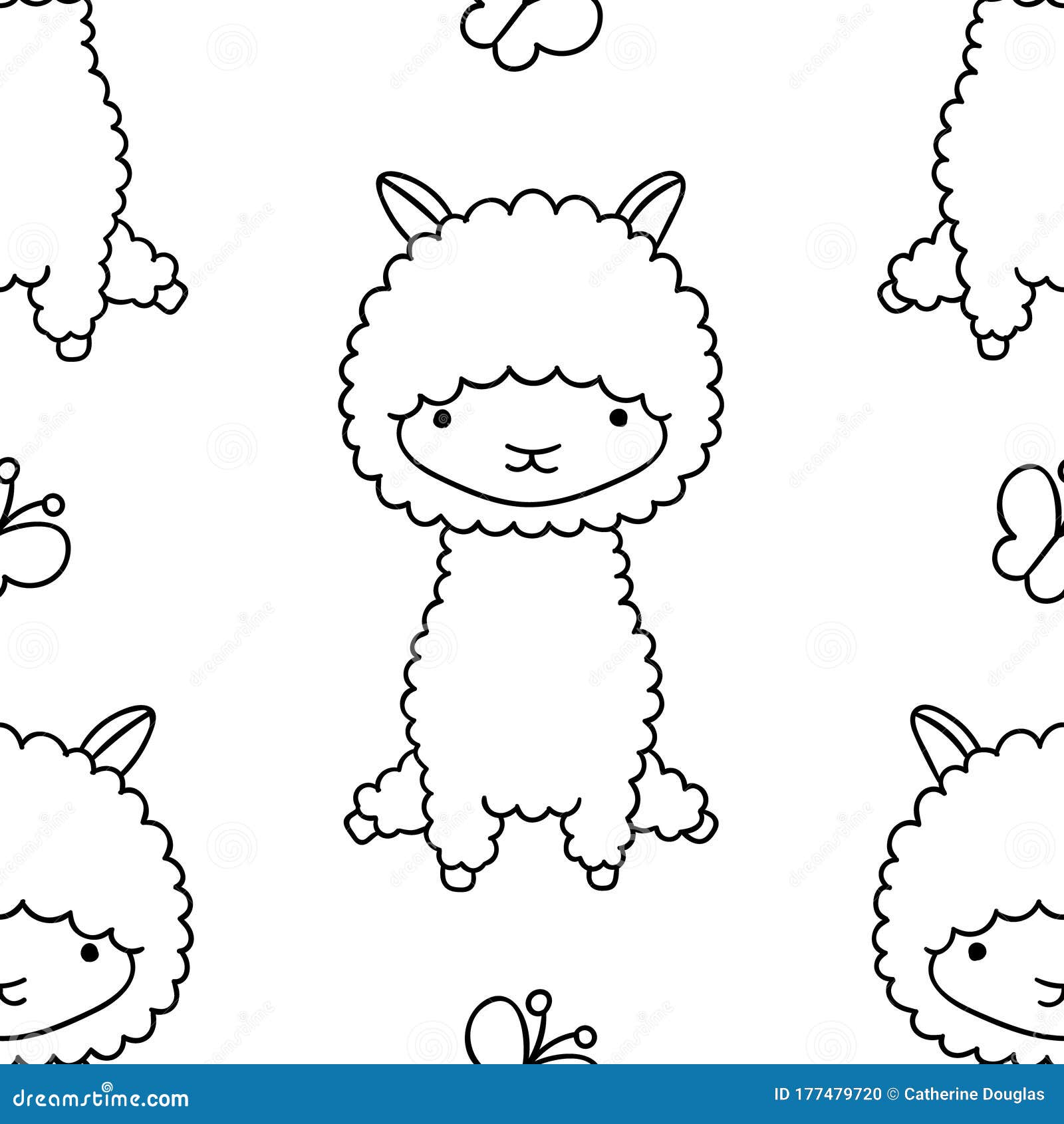 Download Simple Seamless Pattern, Black And White Cute Kawaii Hand Drawn Llama Doodles, Coloring Pages ...