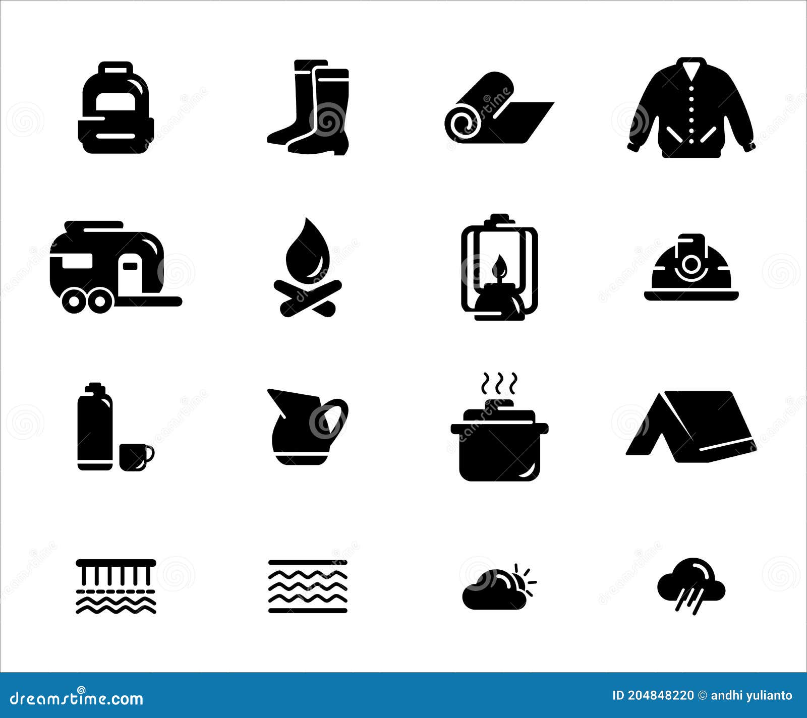 simple set of camping gear related  icon user interface graphic . contains such icons as backpack, tent, helmet,