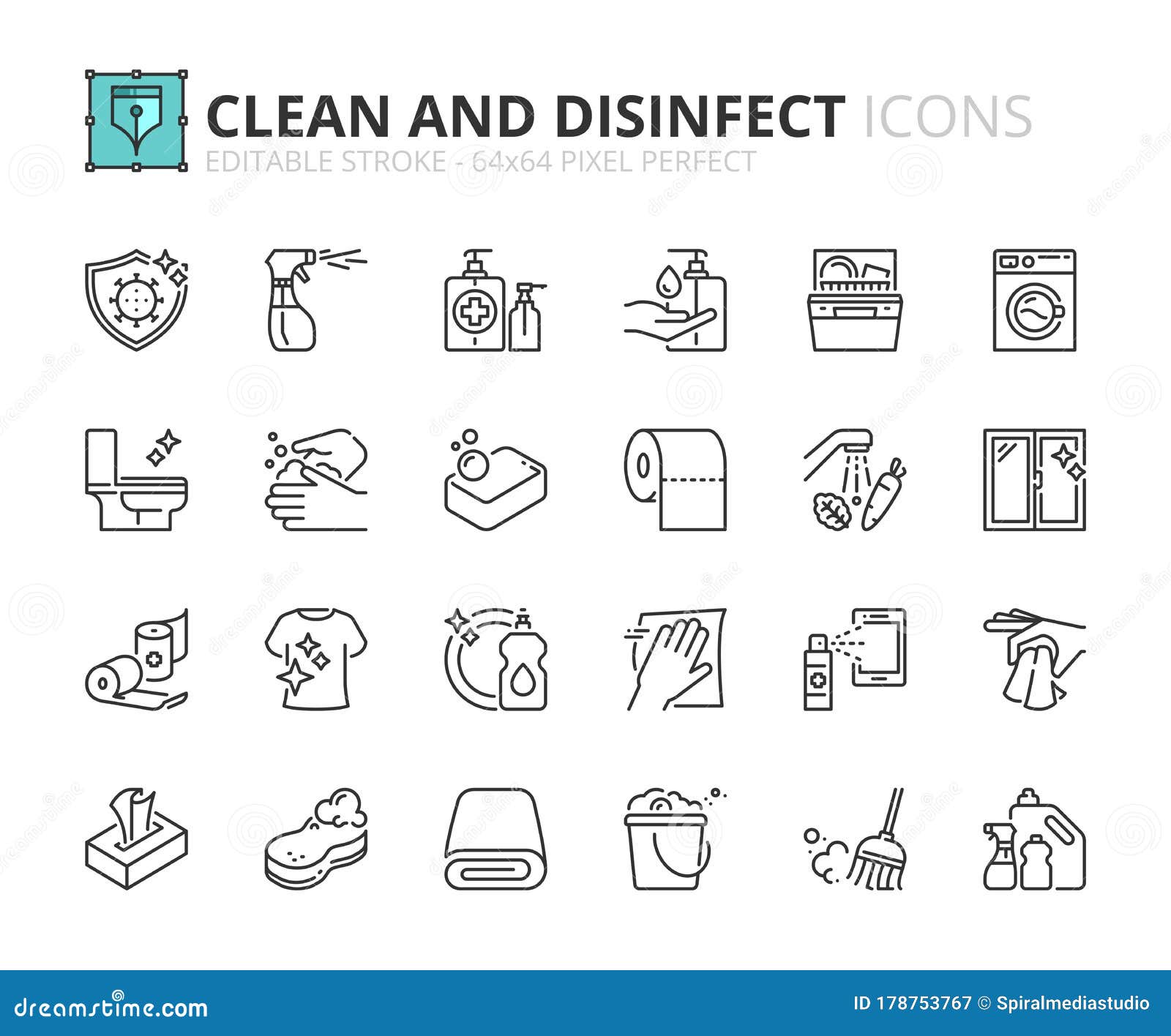 simple set of outline icons about  clean and disinfect