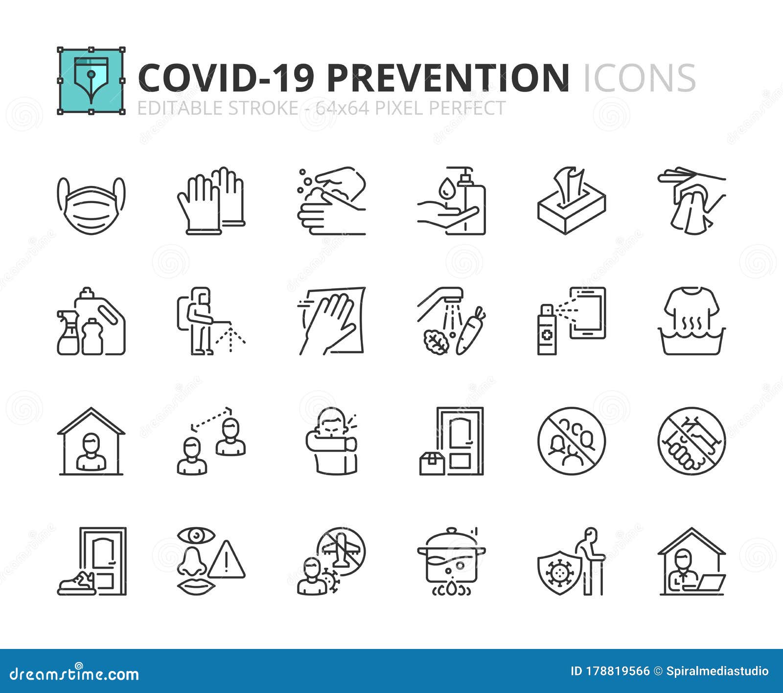 simple set of outline icons about coronavirus prevention