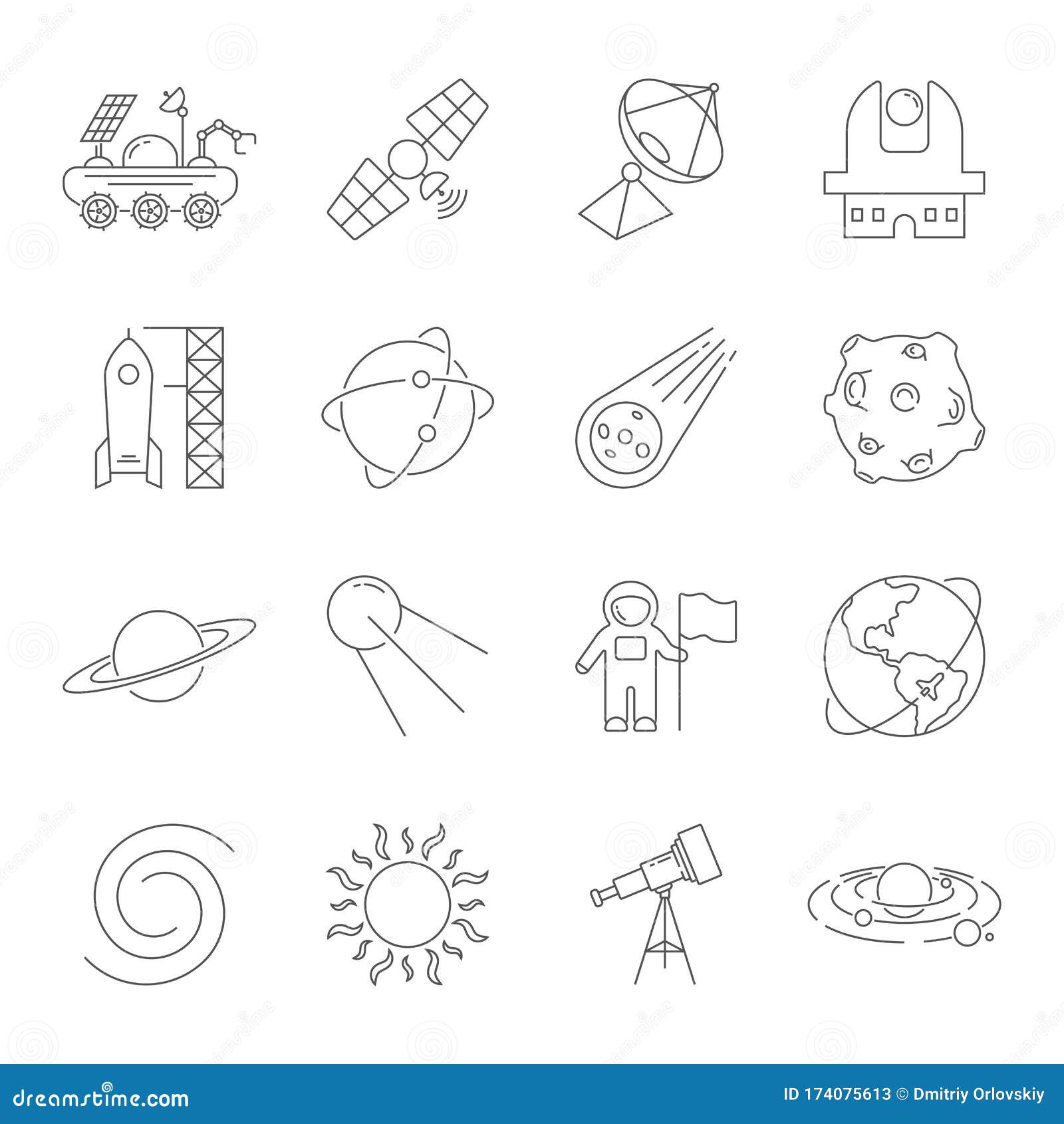 simple set of space related  line icons. contains such icons as observatory, planet earth, asteroid, astronaft