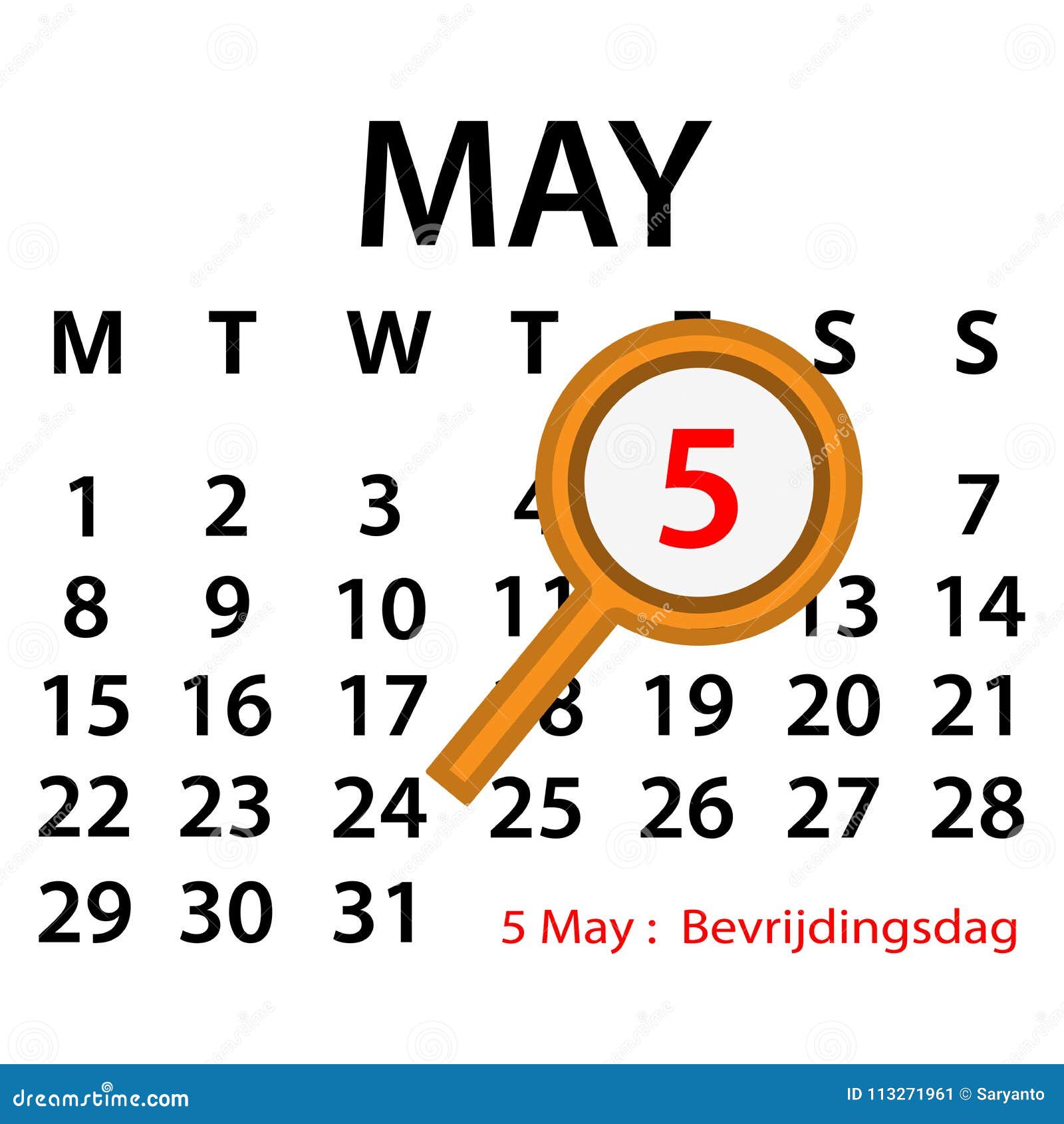 Simple Vector Calendar. May 5th. Bevrijdingsdag Stock Vector