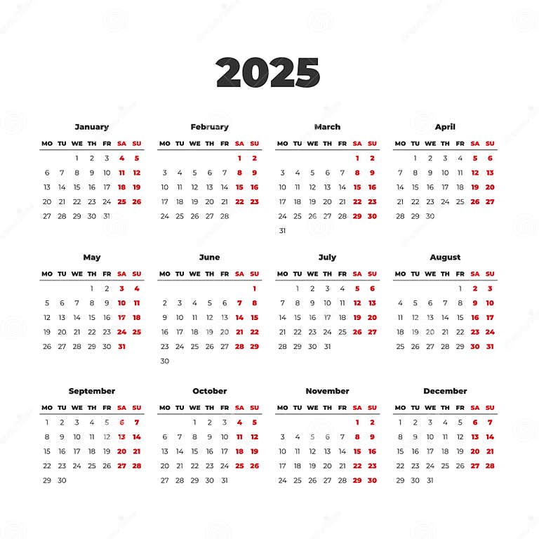 Simple Vector Calendar on 2025. Start from Monday Stock Vector