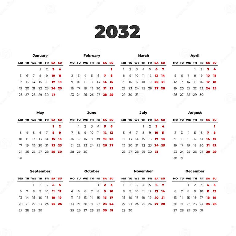 Simple Vector Calendar on 2032. Start from Monday Stock Illustration