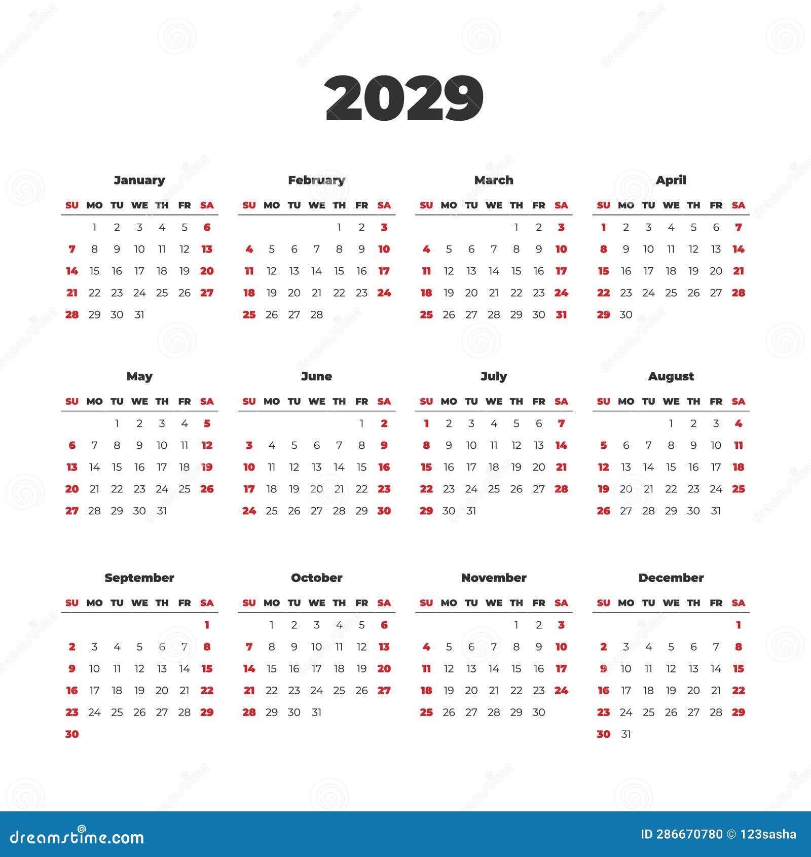Simple Vector Calendar On 2029 Start From Sunday Stock Illustration