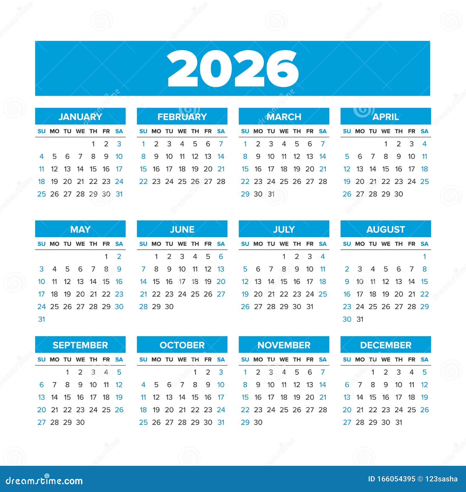 Simple Vector Calendar 2026 Weeks Start On Sunday Stock Vector