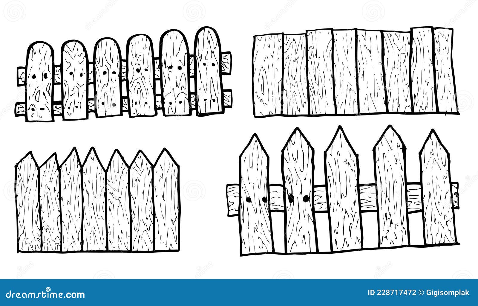 Simple Vector Set 4 Black White Hand Draw Sketch Wood Gate Stock Vector