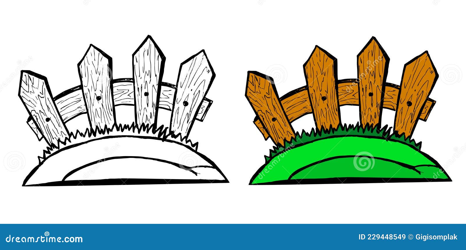 Simple Vector Set 2 Hand Draw Sketch Wood Gate with Grass at Small Hill