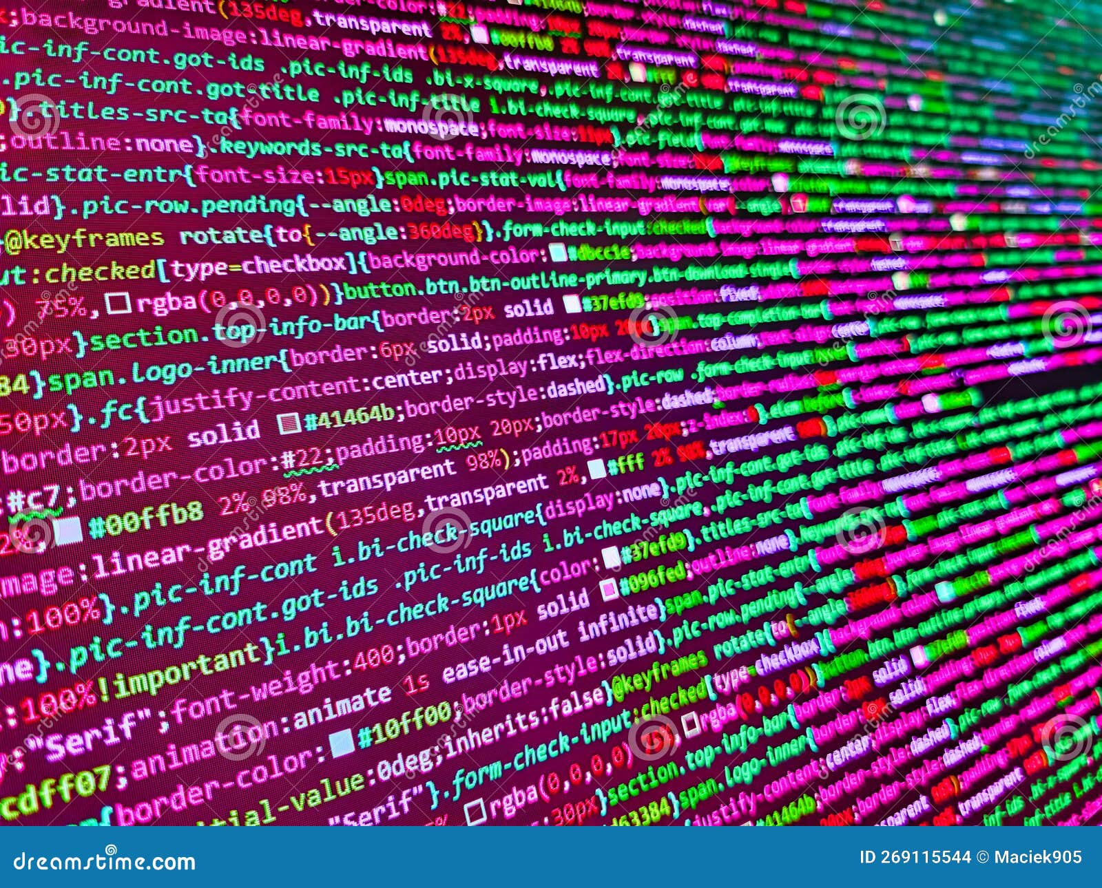 Simple website html code with colourful tags in browser view on dark