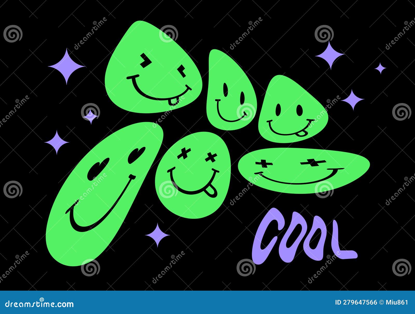 simple y2k style abstract doodles  with smiling faces. rgb colors.